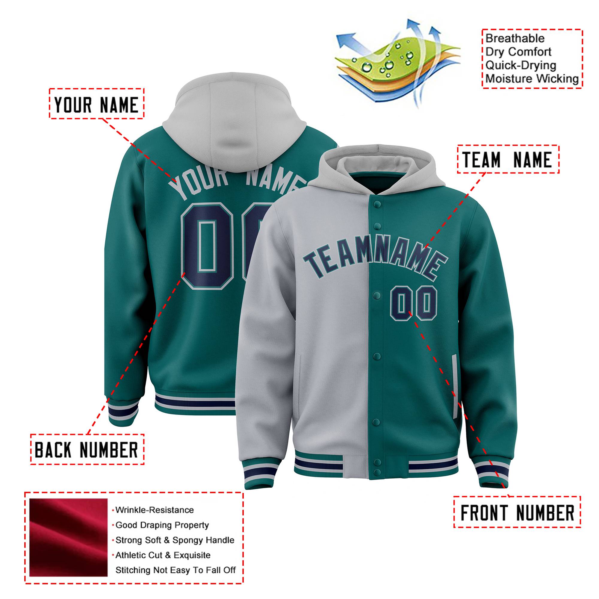 Custom Gray Aqua Split Fashion Varsity Full-Snap Letterman Two Tone Hoodie Jacket