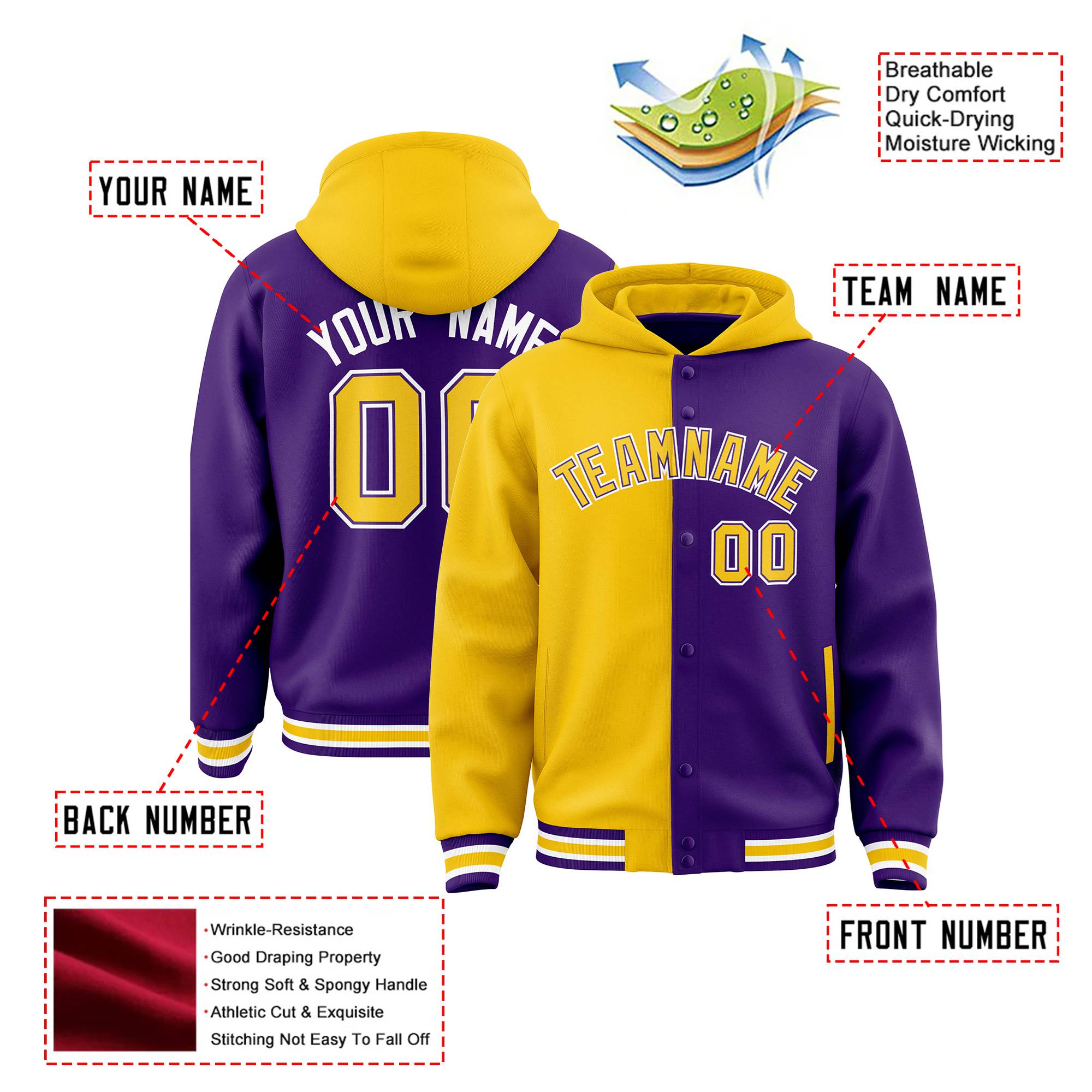 Custom Gold Purple Split Fashion Varsity Full-Snap Letterman Two Tone Hoodie Jacket