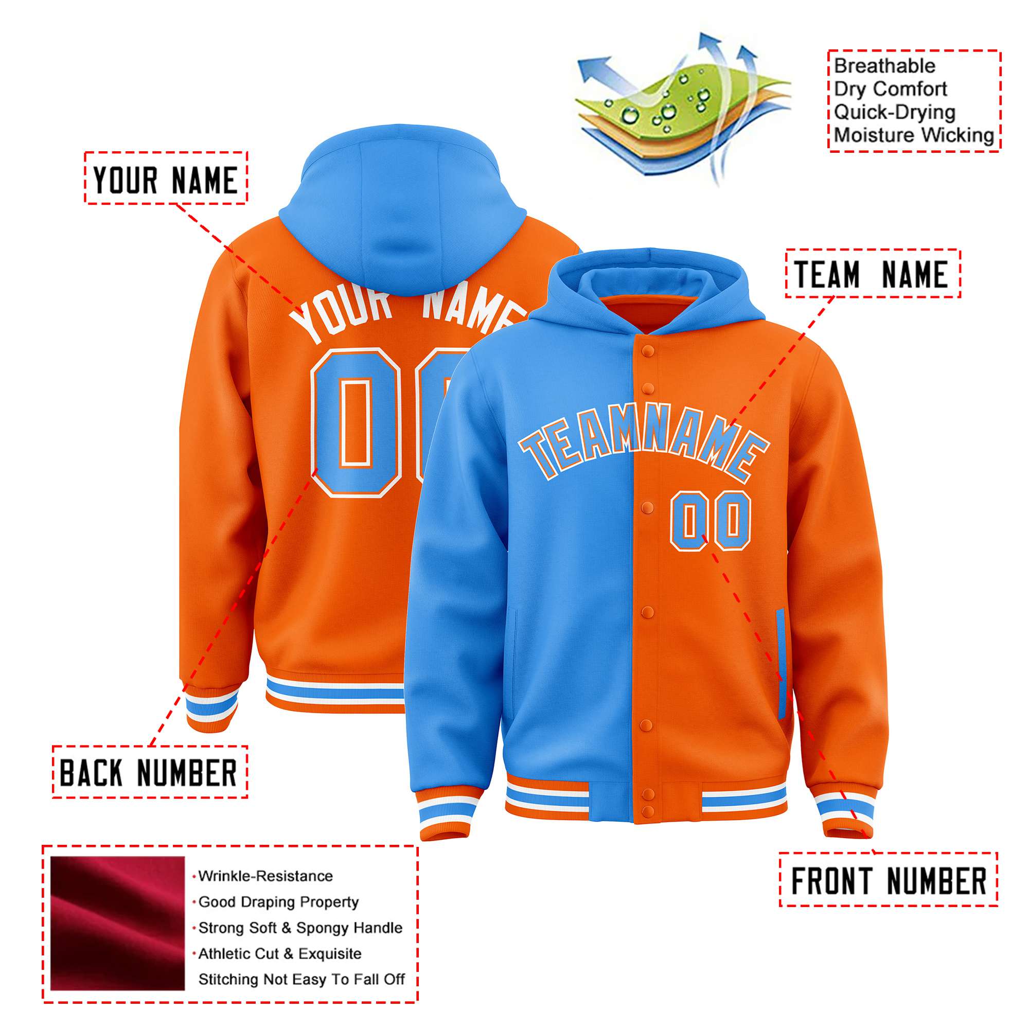 Custom Powder Blue Orange Split Fashion Varsity Full-Snap Letterman Two Tone Hoodie Jacket