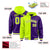 Custom Fluorescent Green Purple Split Fashion Varsity Full-Snap Letterman Two Tone Hoodie Jacket