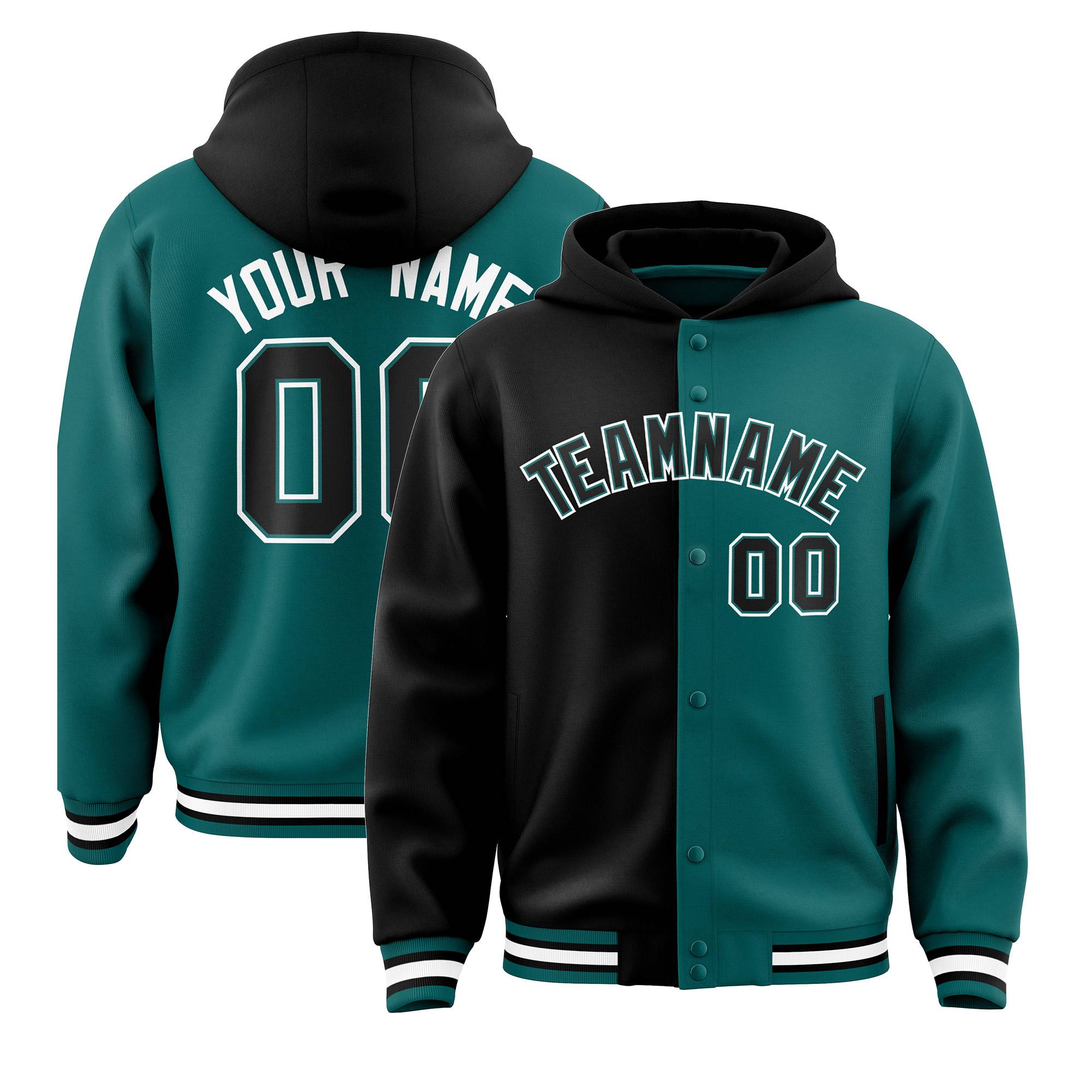 Custom Black Aqua Split Fashion Varsity Full-Snap Letterman Two Tone Hoodie Jacket