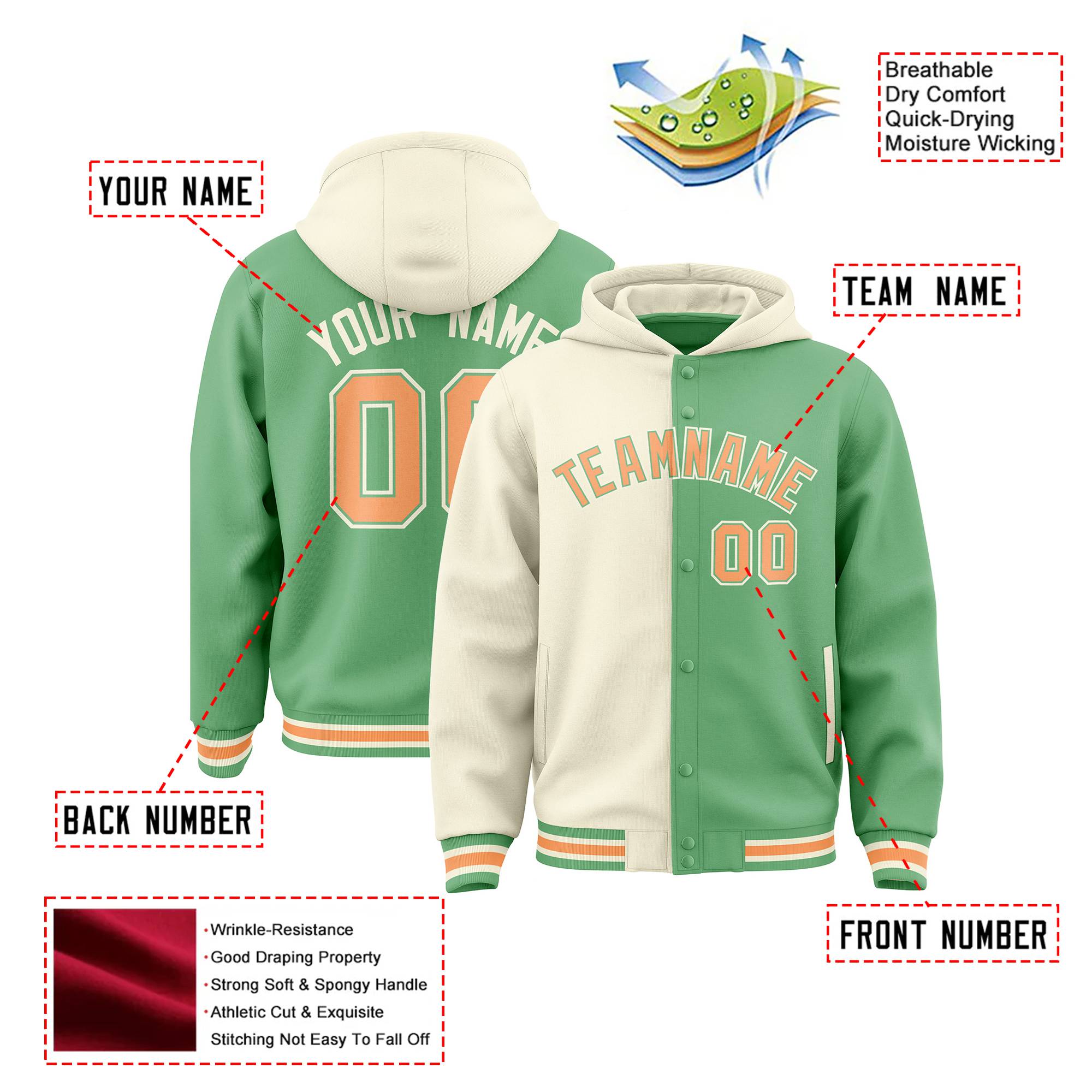 Custom Cream Bright Green Split Fashion Varsity Full-Snap Letterman Two Tone Hoodie Jacket