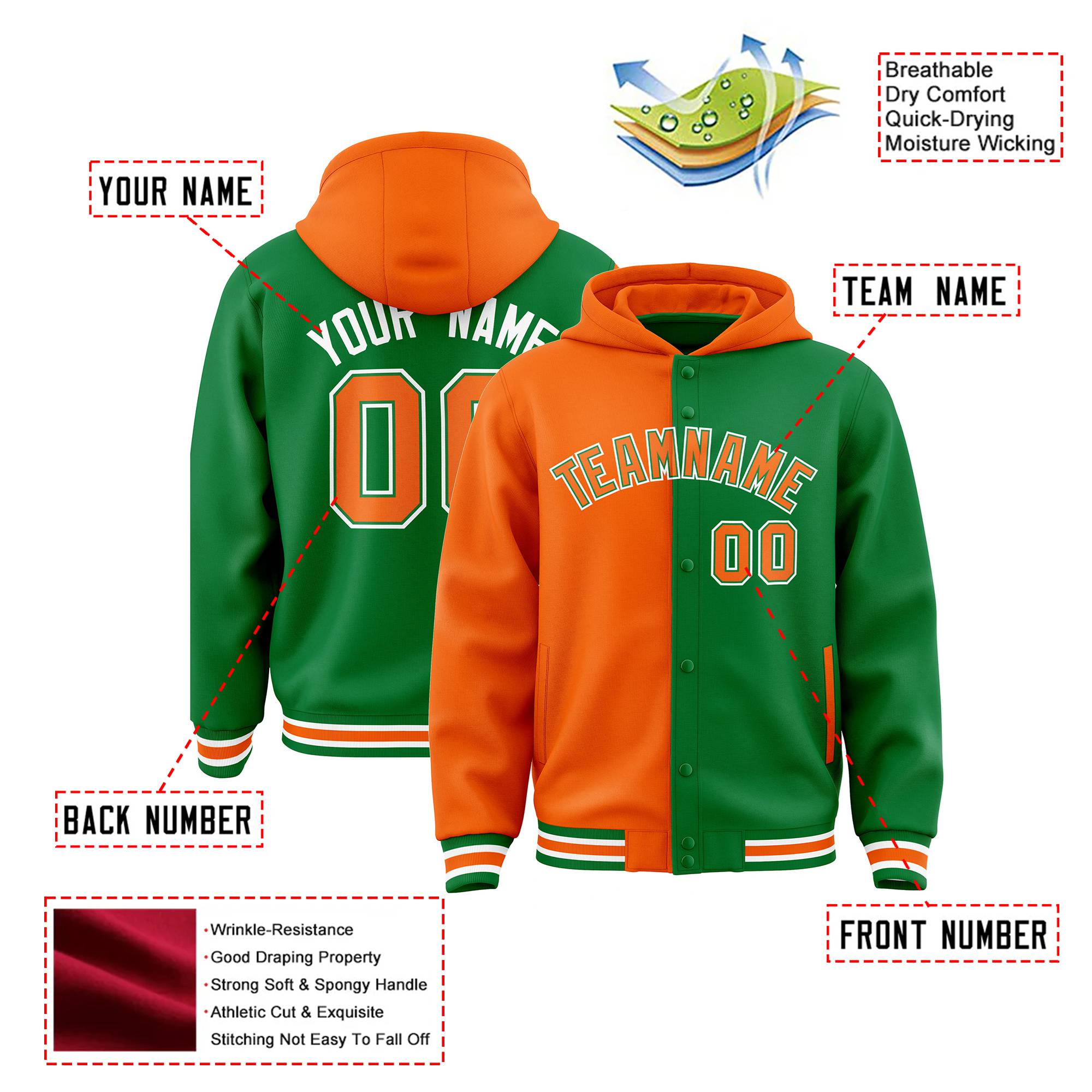 Custom Munsell Kelly Green Split Fashion Varsity Full-Snap Letterman Two Tone Hoodie Jacket