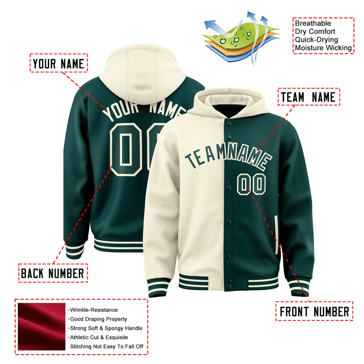 Custom Cream Midnight Green Split Fashion Varsity Full-Snap Letterman Two Tone Hoodie Jacket