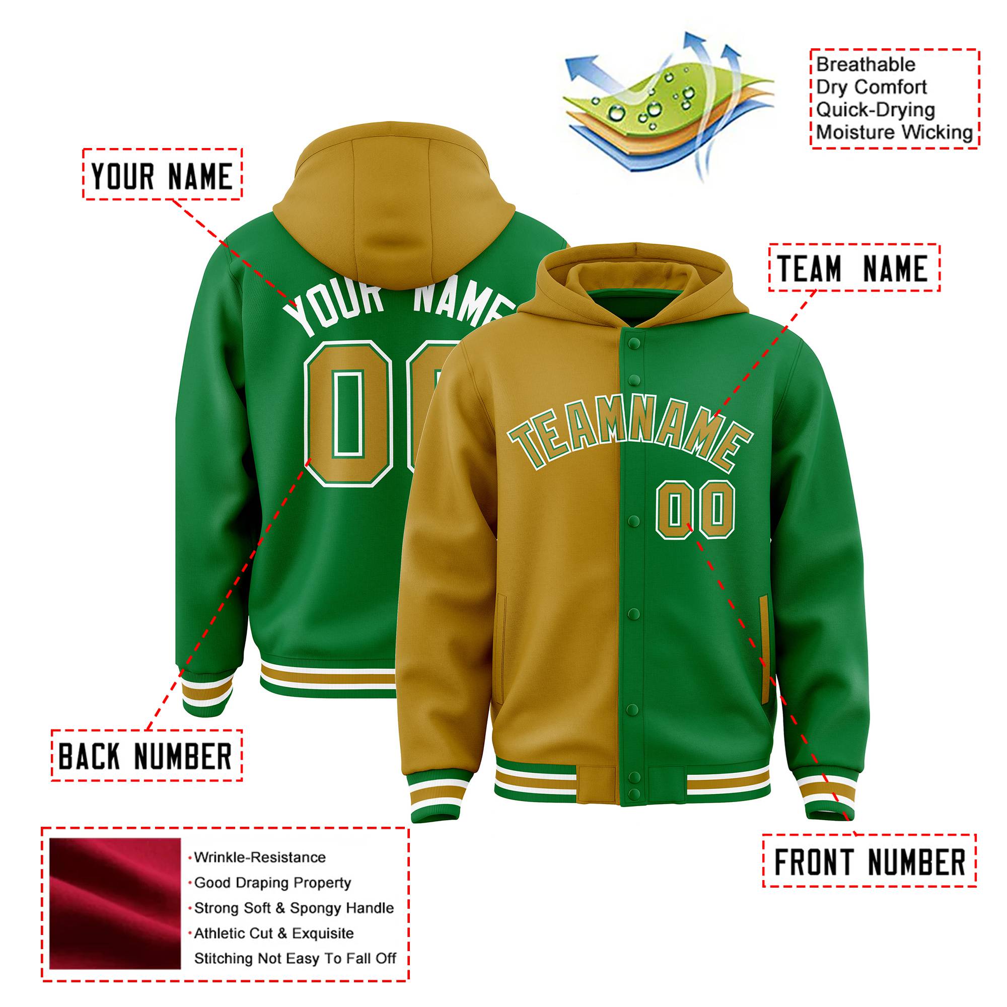 Custom Brown Kelly Green Split Fashion Varsity Full-Snap Letterman Two Tone Hoodie Jacket