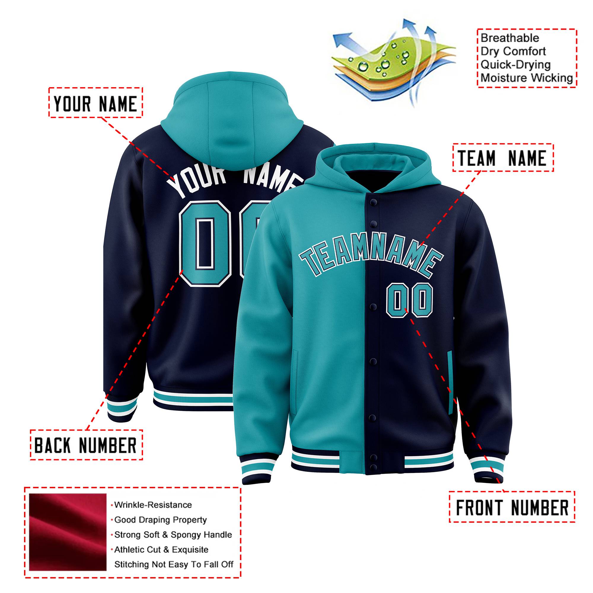 Custom Aqua Navy Split Fashion Varsity Full-Snap Letterman Two Tone Hoodie Jacket