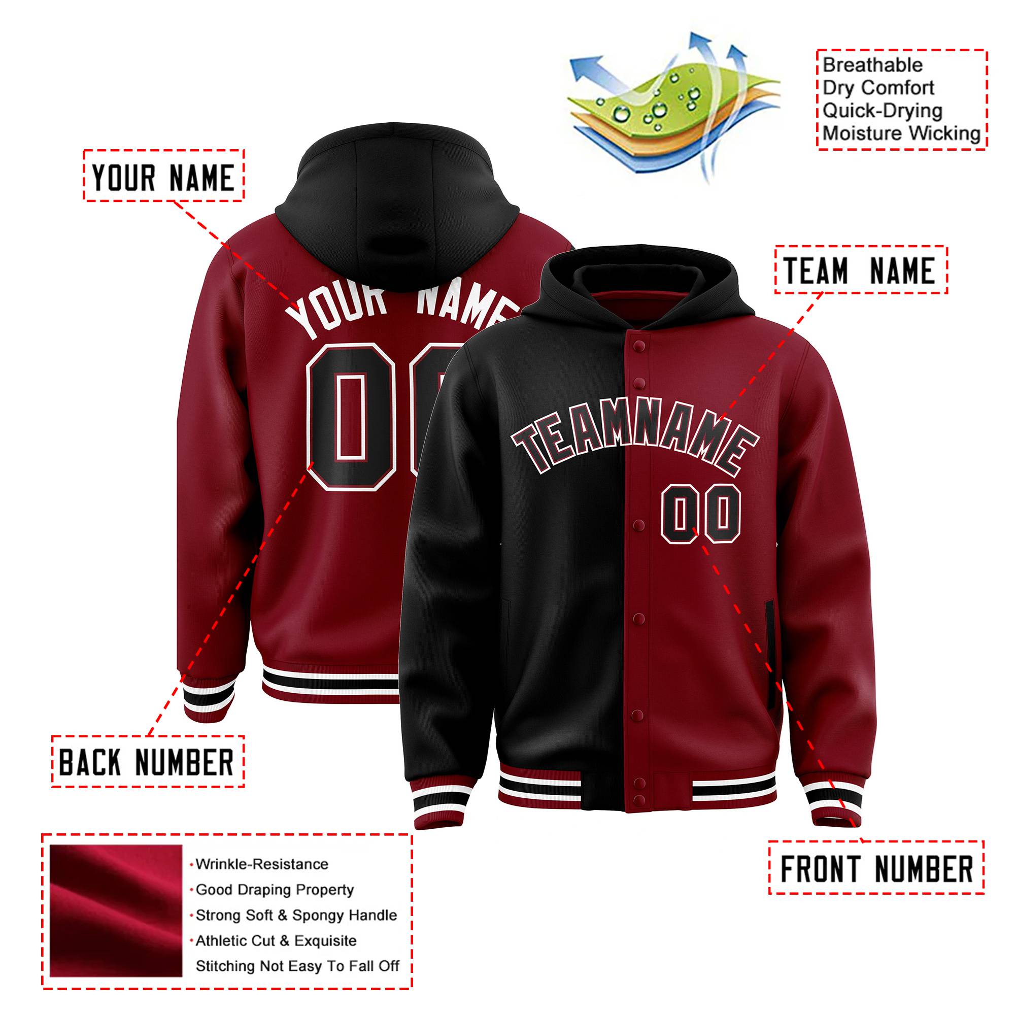 Custom Black Crimson Split Fashion Varsity Full-Snap Letterman Two Tone Hoodie Jacket