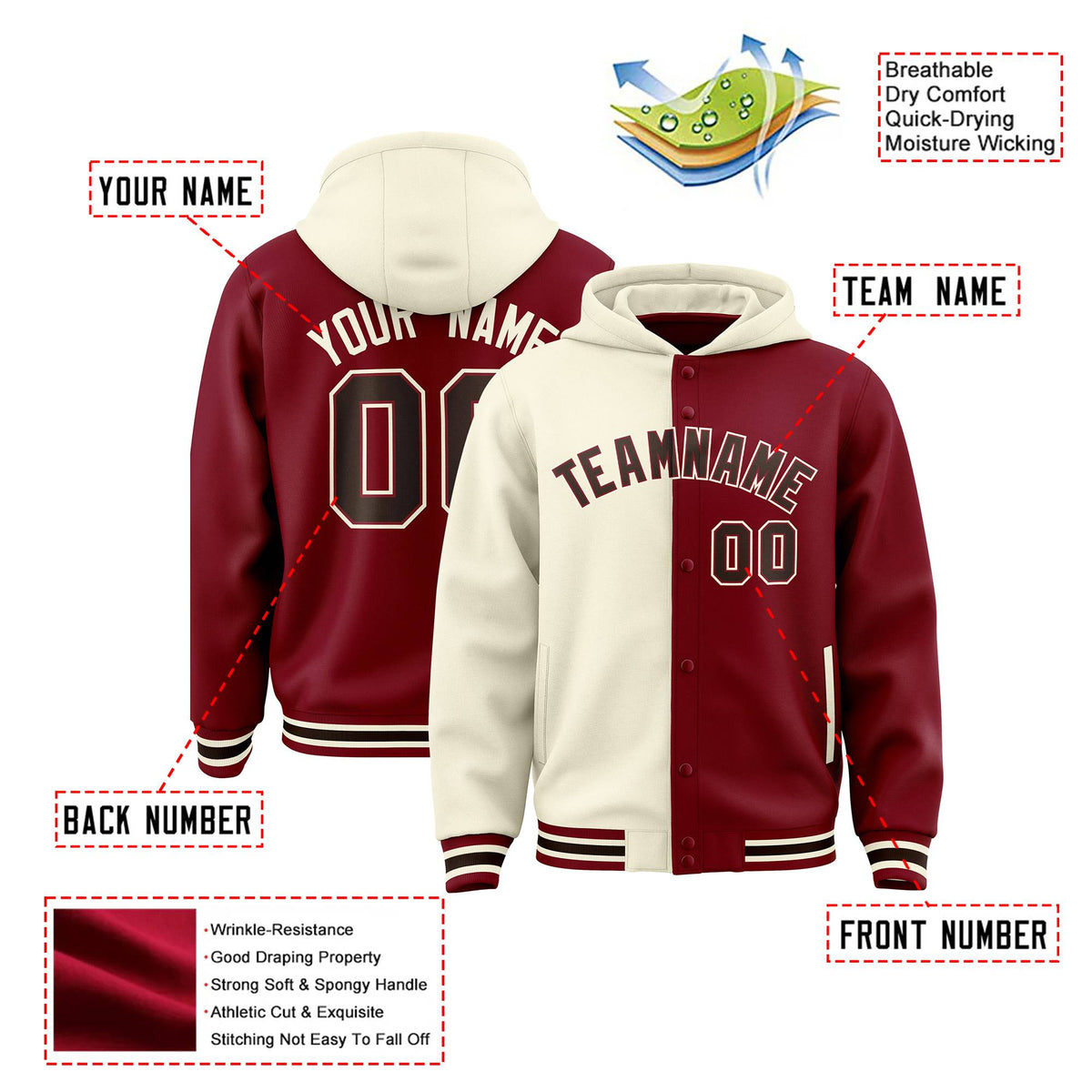 Custom Cream Crimson Split Fashion Varsity Full-Snap Letterman Two Tone Hoodie Jacket