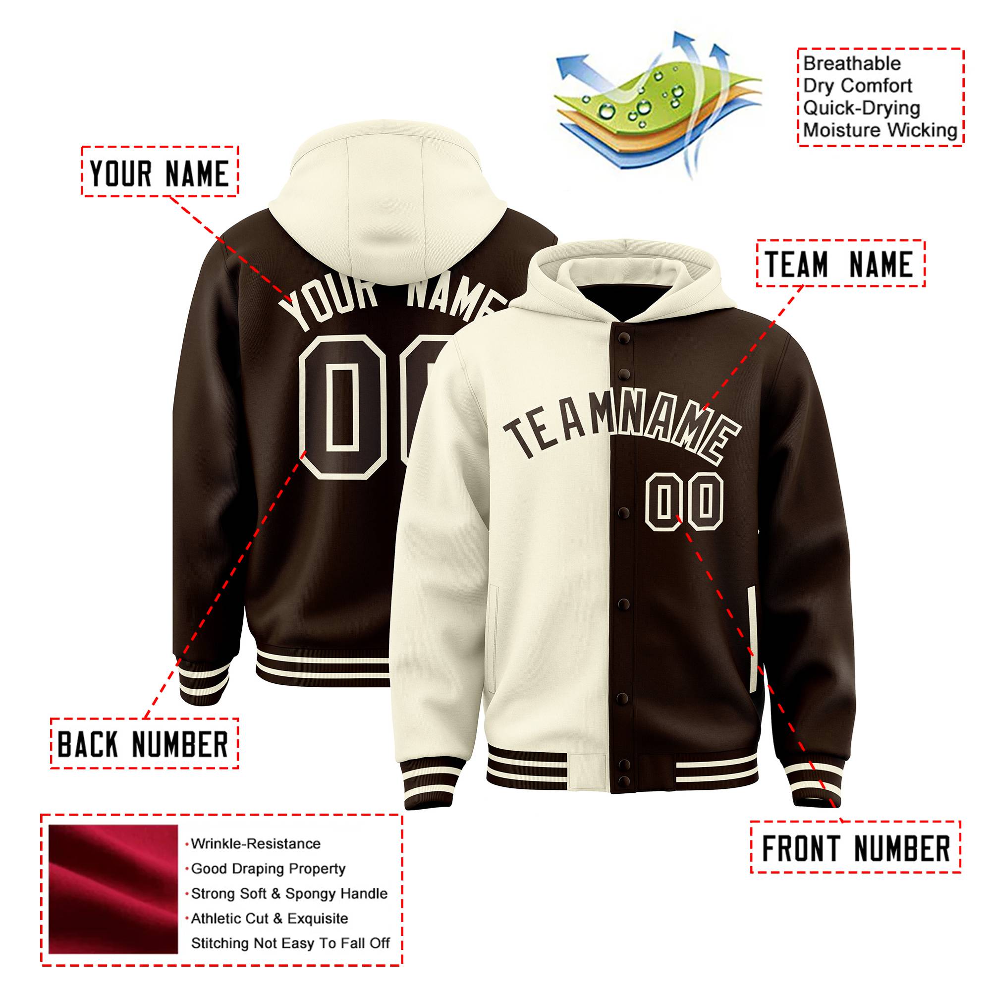 Custom Cream Brown Split Fashion Varsity Full-Snap Letterman Two Tone Hoodie Jacket