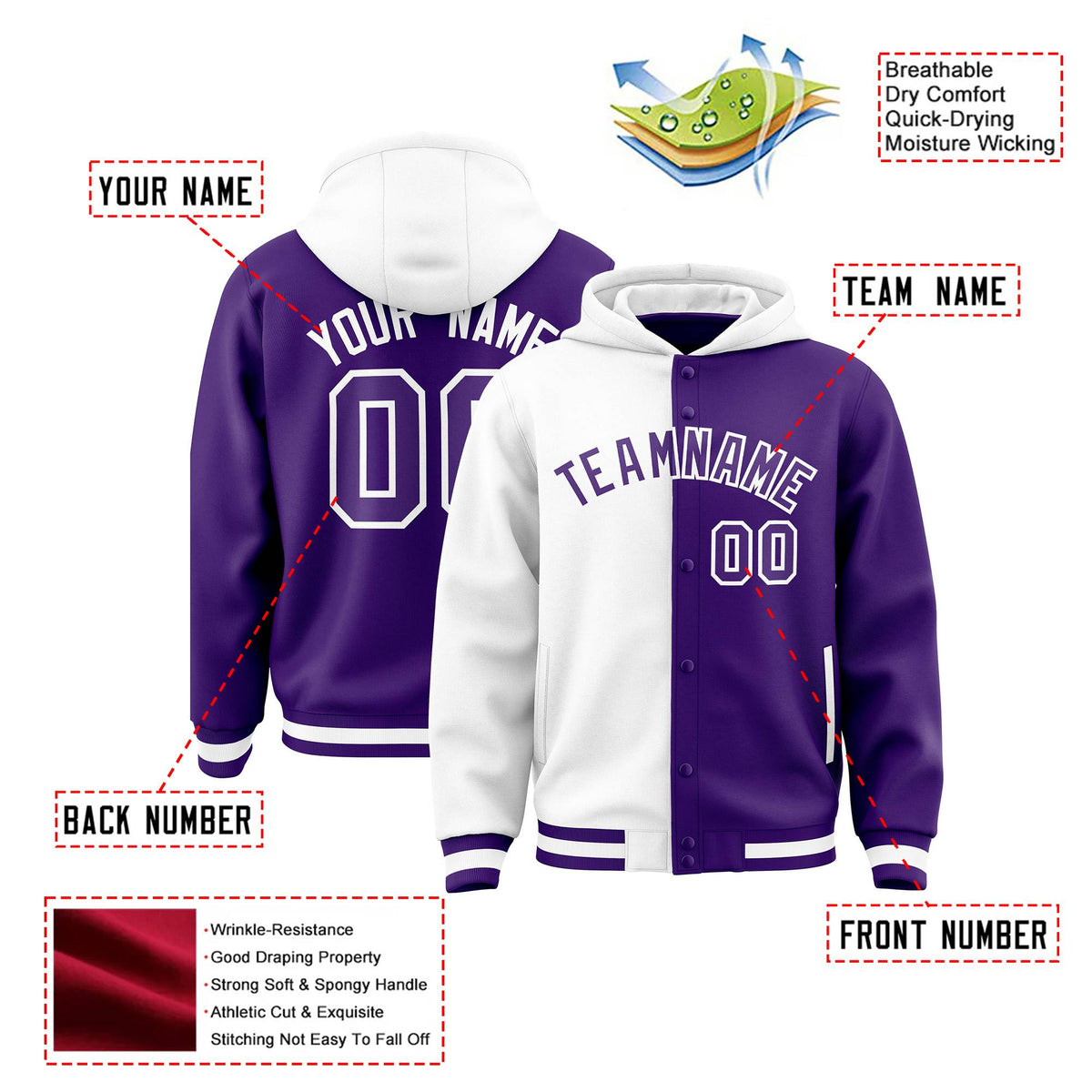 Custom White Purple Split Fashion Varsity Full-Snap Letterman Two Tone Hoodie Jacket