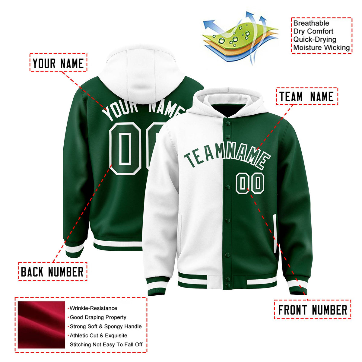 Custom White Green Split Fashion Varsity Full-Snap Letterman Two Tone Hoodie Jacket