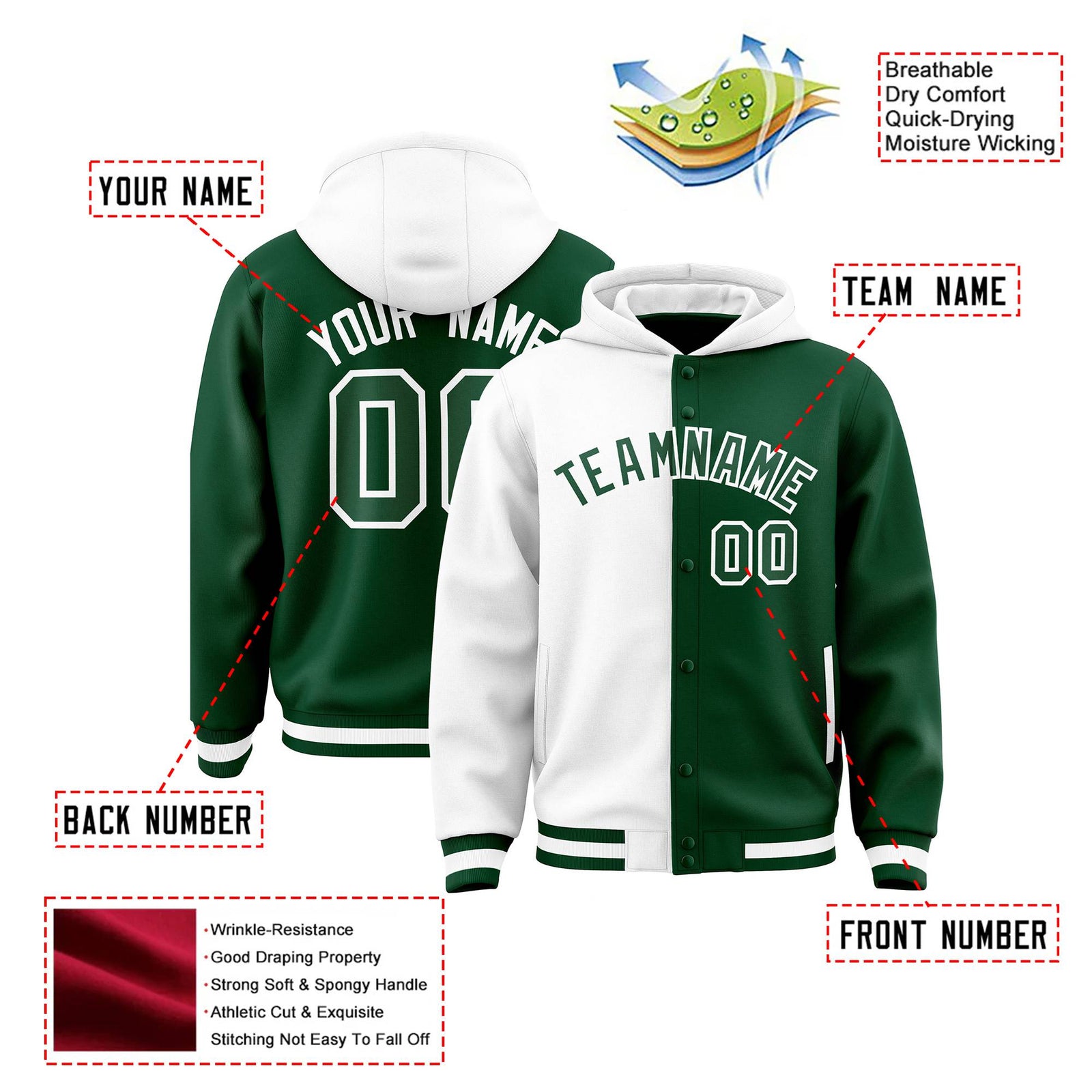 Custom White Green Split Fashion Varsity Full-Snap Letterman Two Tone Hoodie Jacket