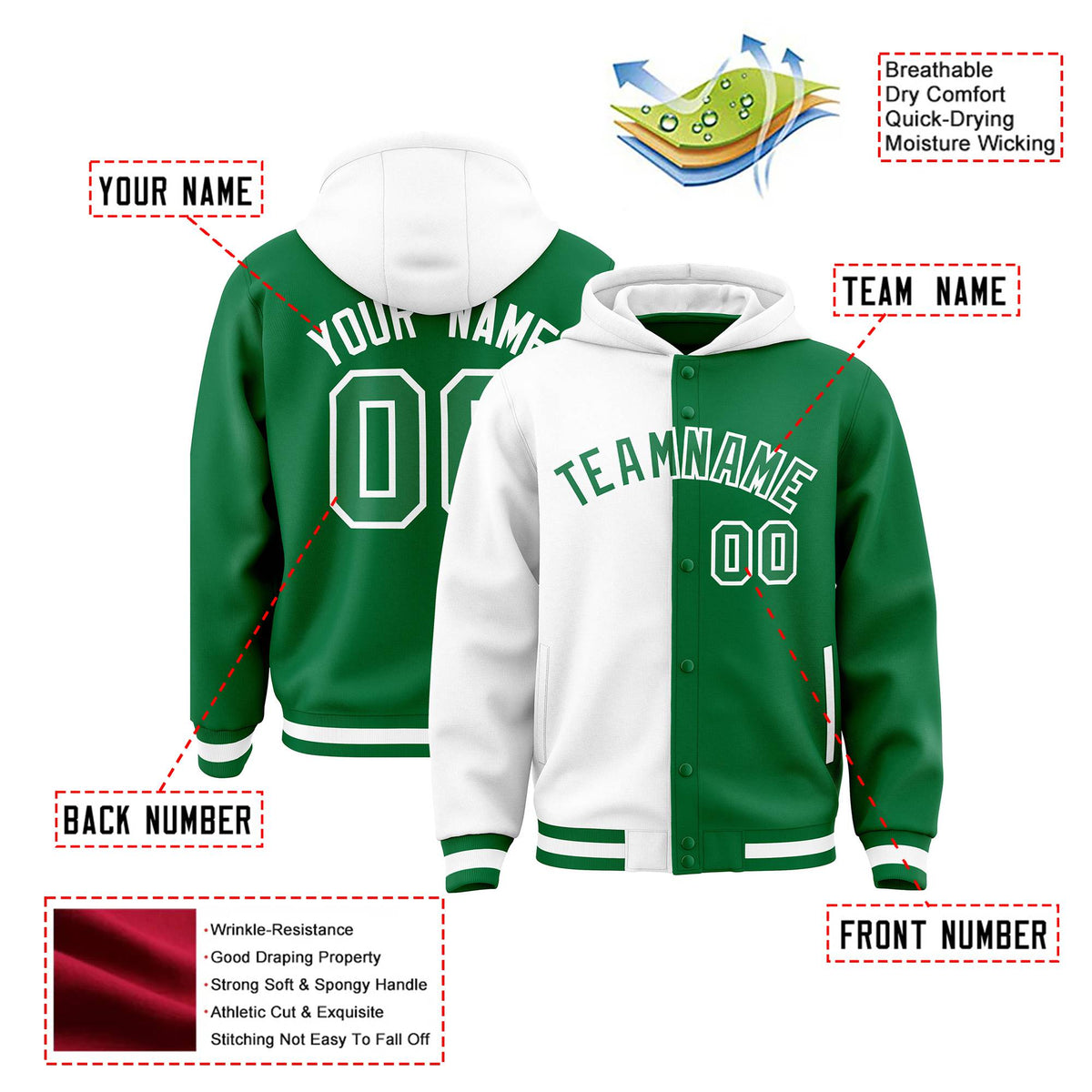 Custom White Kelly Green Split Fashion Varsity Full-Snap Letterman Two Tone Hoodie Jacket