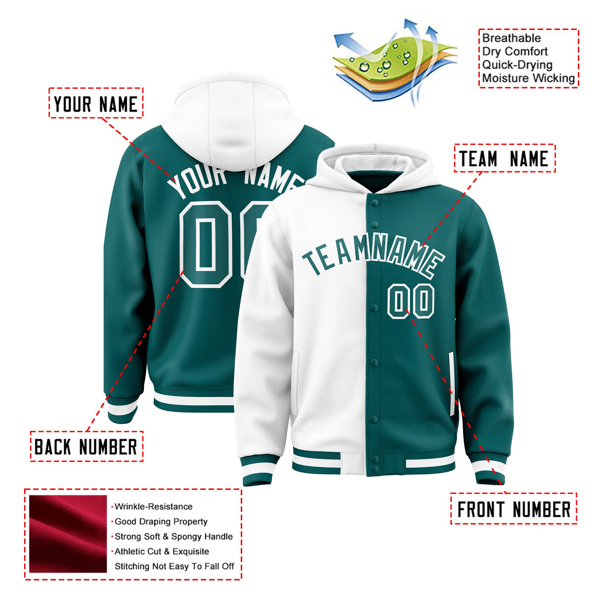 Custom White Aqua Split Fashion Varsity Full-Snap Letterman Two Tone Hoodie Jacket