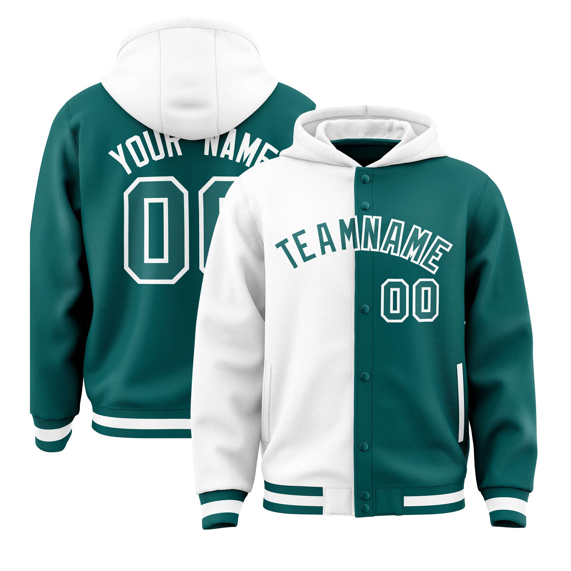 Custom White Aqua Split Fashion Varsity Full-Snap Letterman Two Tone Hoodie Jacket