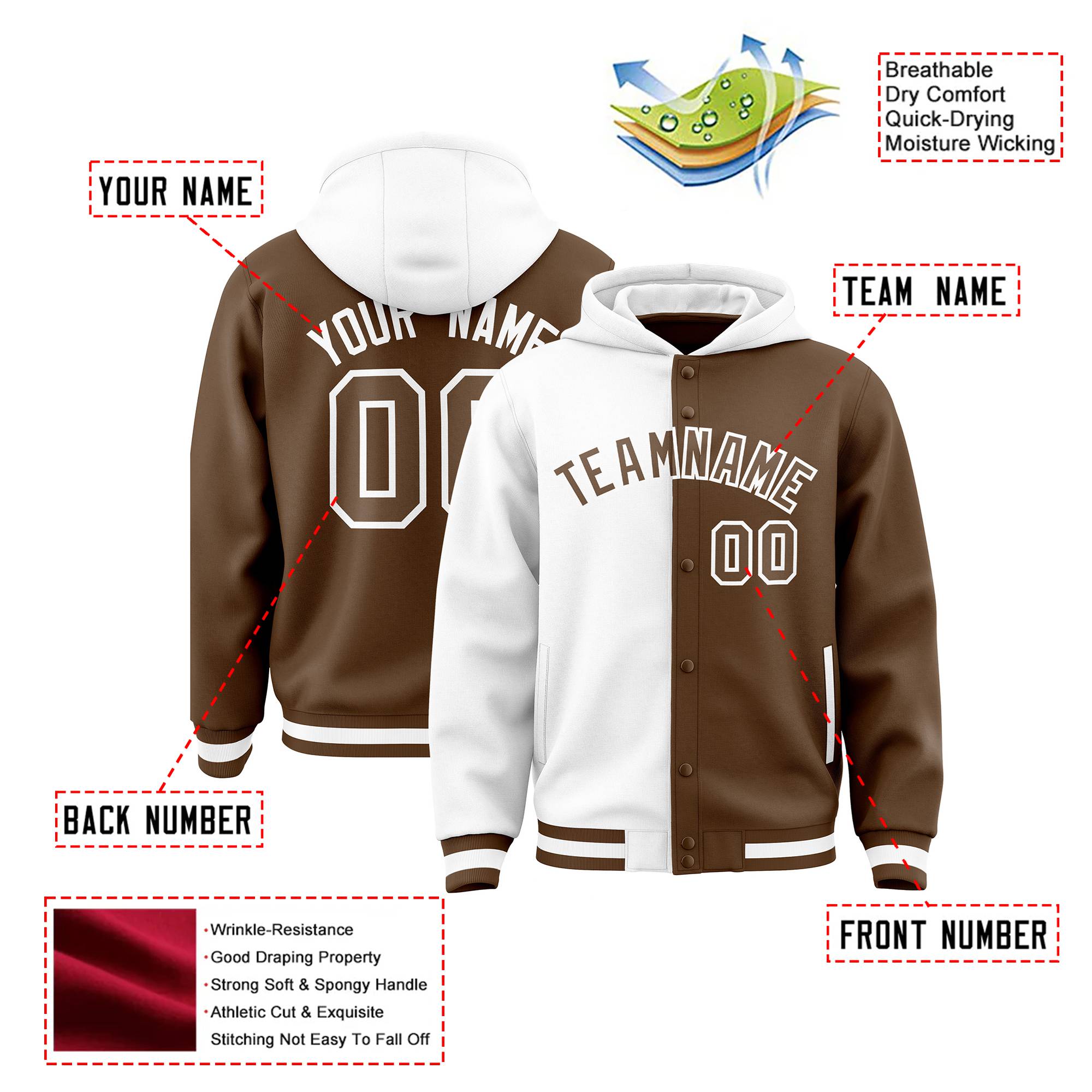 Custom White Brown Split Fashion Varsity Full-Snap Letterman Two Tone Hoodie Jacket