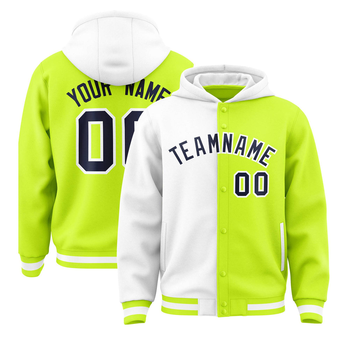 Custom White Fluorescent Green Split Fashion Varsity Full-Snap Letterman Two Tone Hoodie Jacket