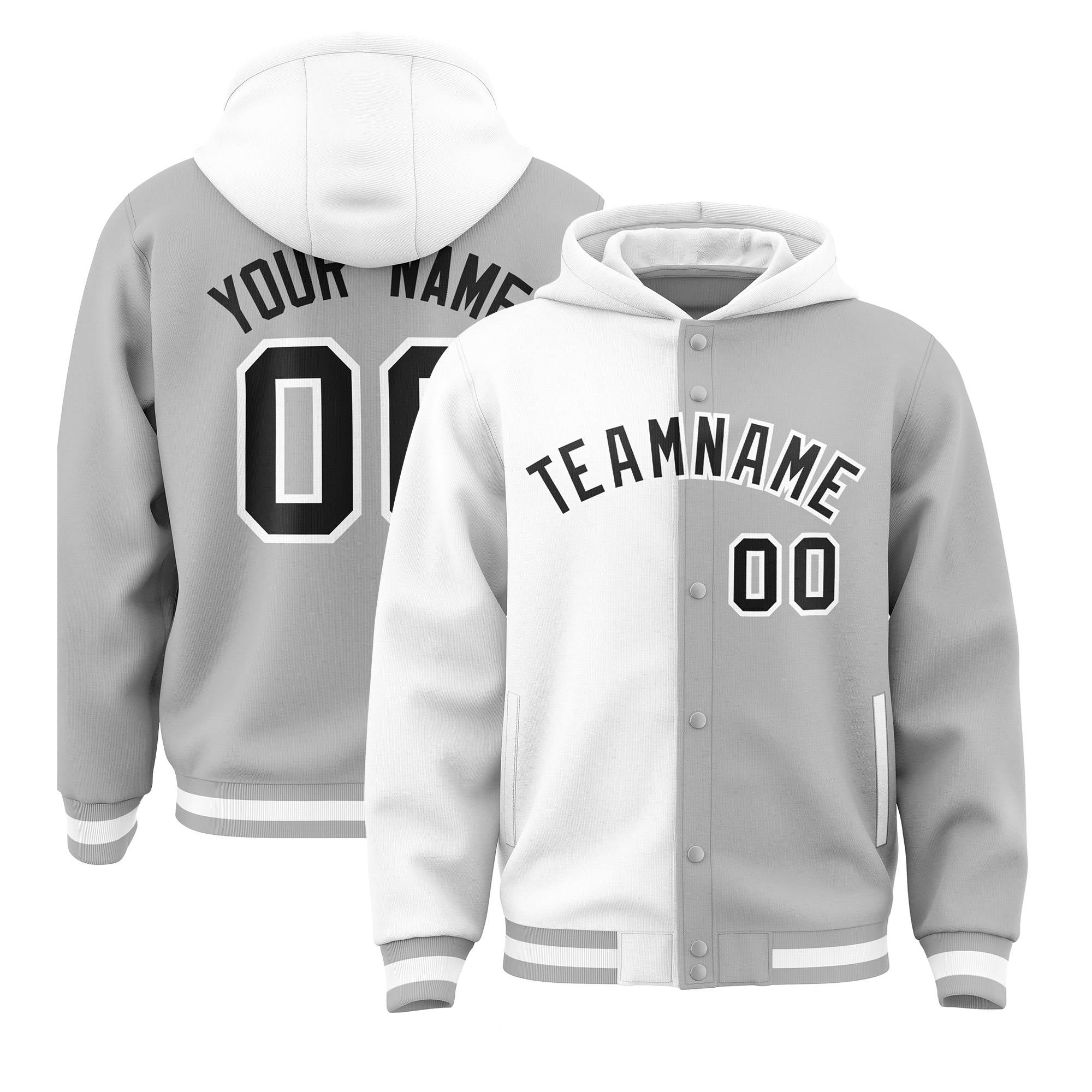 Custom White Gray Split Fashion Varsity Full-Snap Letterman Two Tone Hoodie Jacket