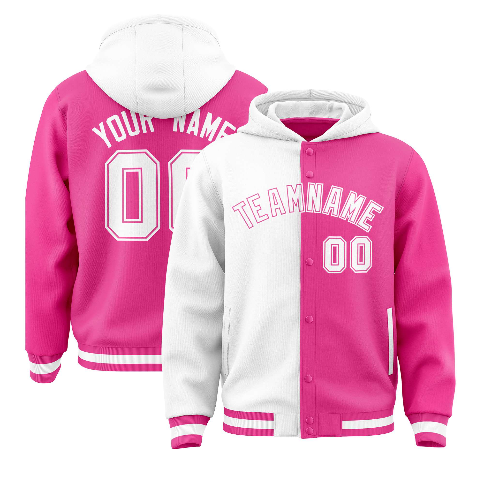 Custom White Pink Split Fashion Varsity Full-Snap Letterman Two Tone Hoodie Jacket