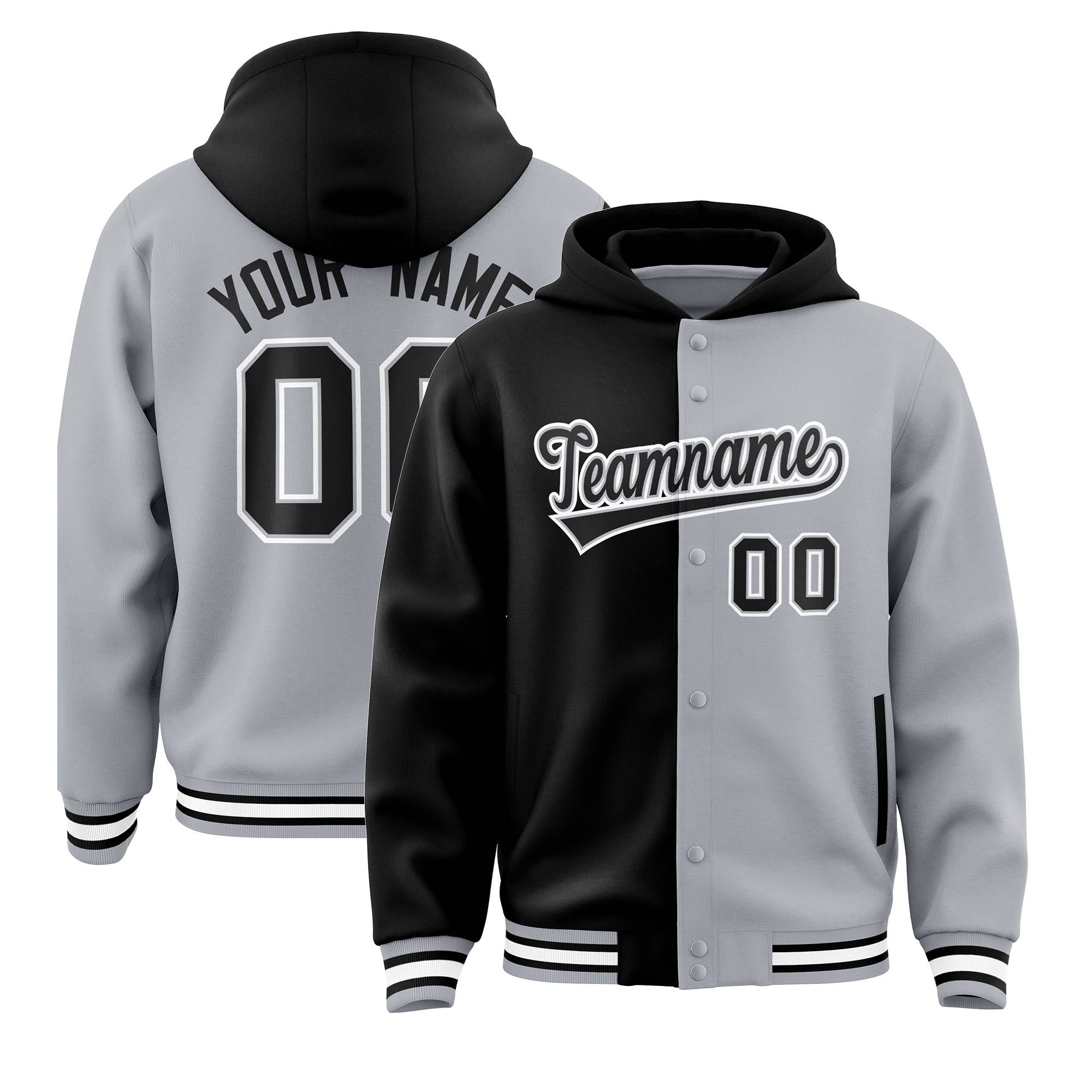 Custom Black Gray Split Fashion Varsity Full-Snap Letterman Two Tone Hoodie Jacket