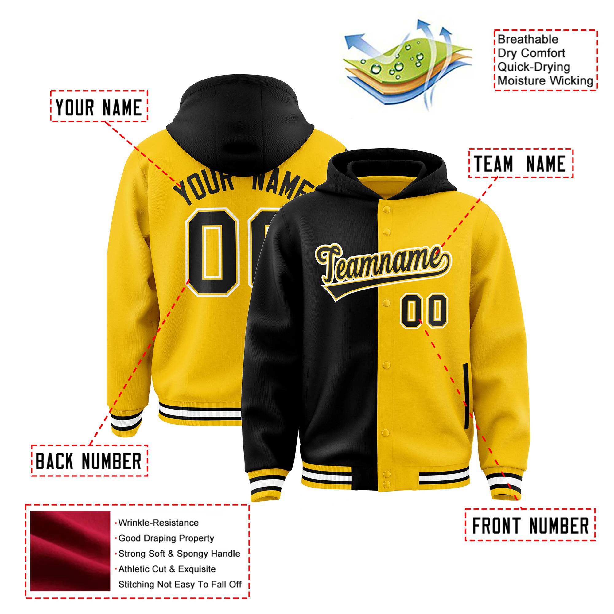 Custom Black Gold Split Fashion Varsity Full-Snap Letterman Two Tone Hoodie Jacket