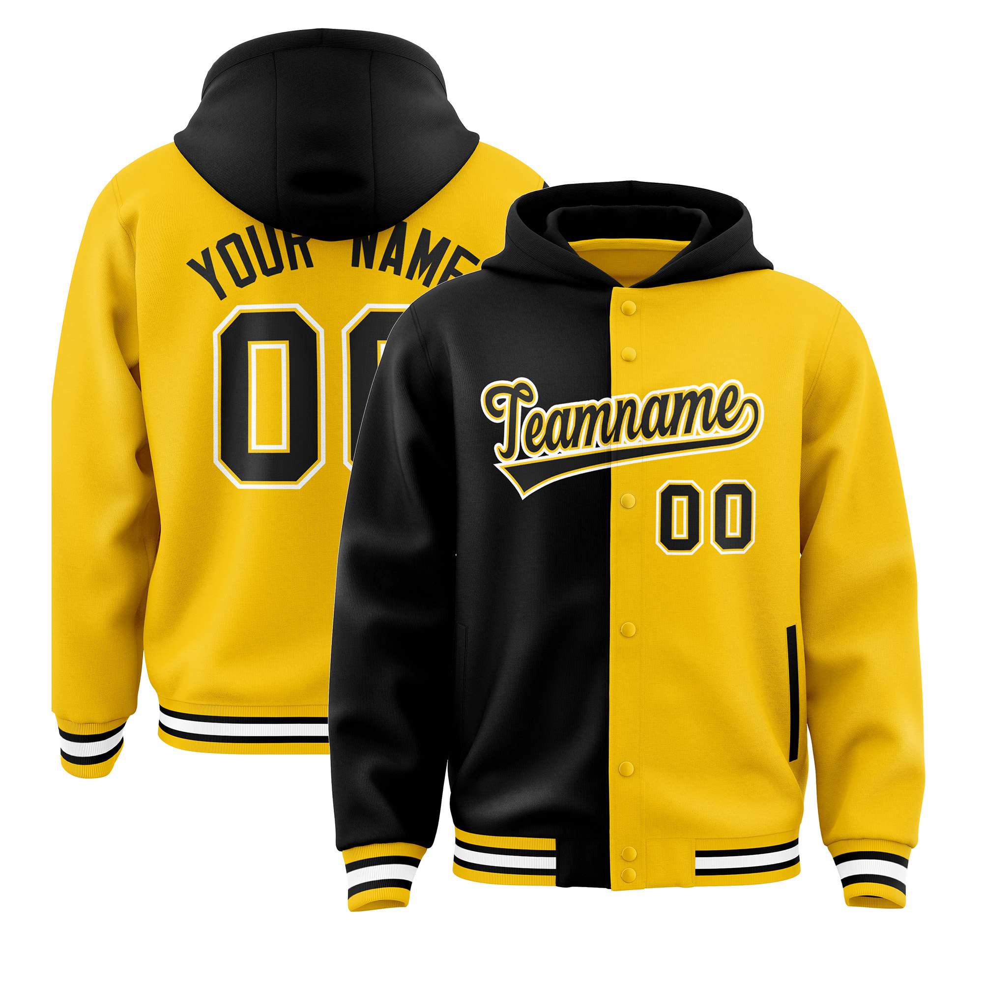 Custom Black Gold Split Fashion Varsity Full-Snap Letterman Two Tone Hoodie Jacket