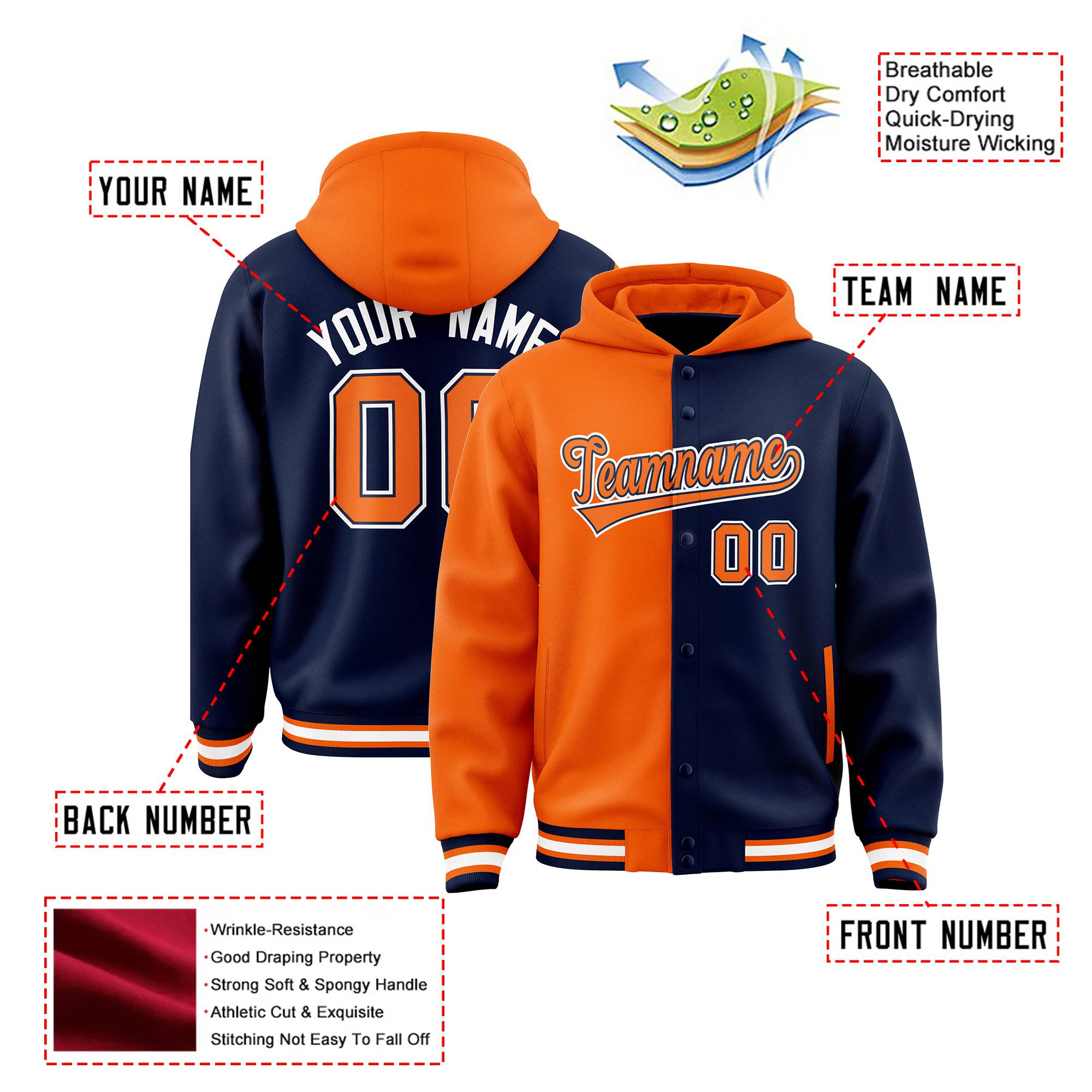 Custom Orange Navy Split Fashion Varsity Full-Snap Letterman Two Tone Hoodie Jacket