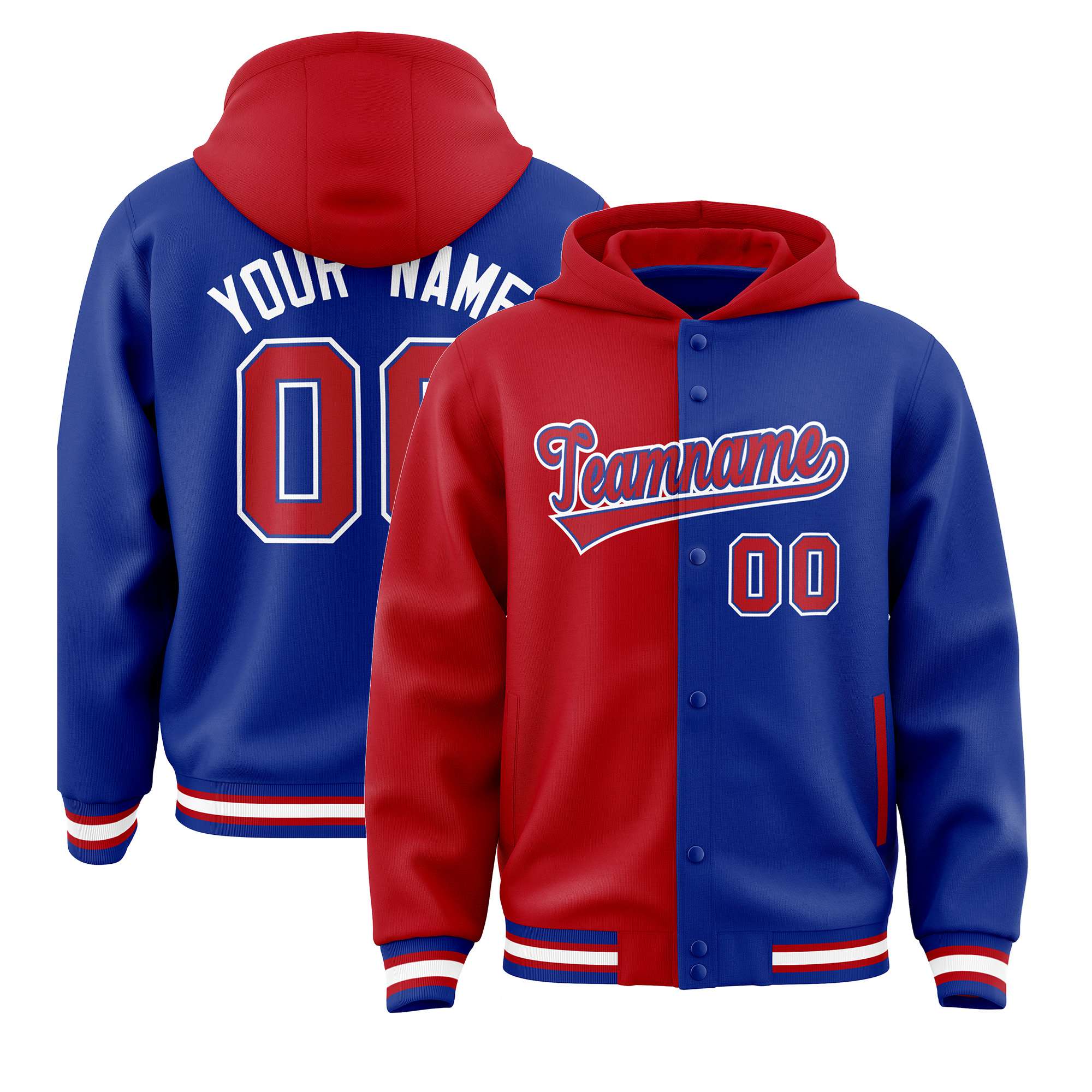 Custom Red Royal Blue Split Fashion Varsity Full-Snap Letterman Two Tone Hoodie Jacket