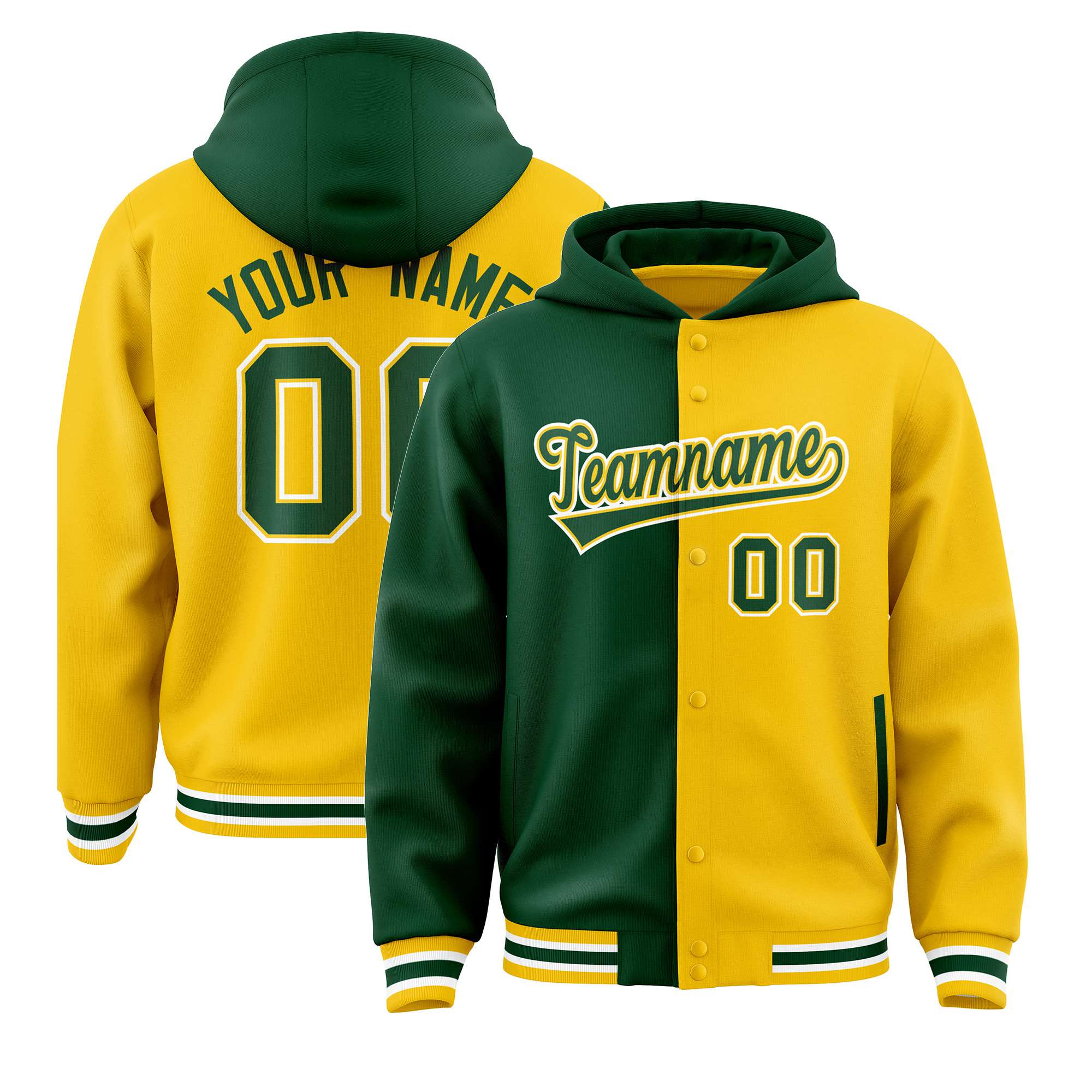 Custom Green Gold Split Fashion Varsity Full-Snap Letterman Two Tone Hoodie Jacket