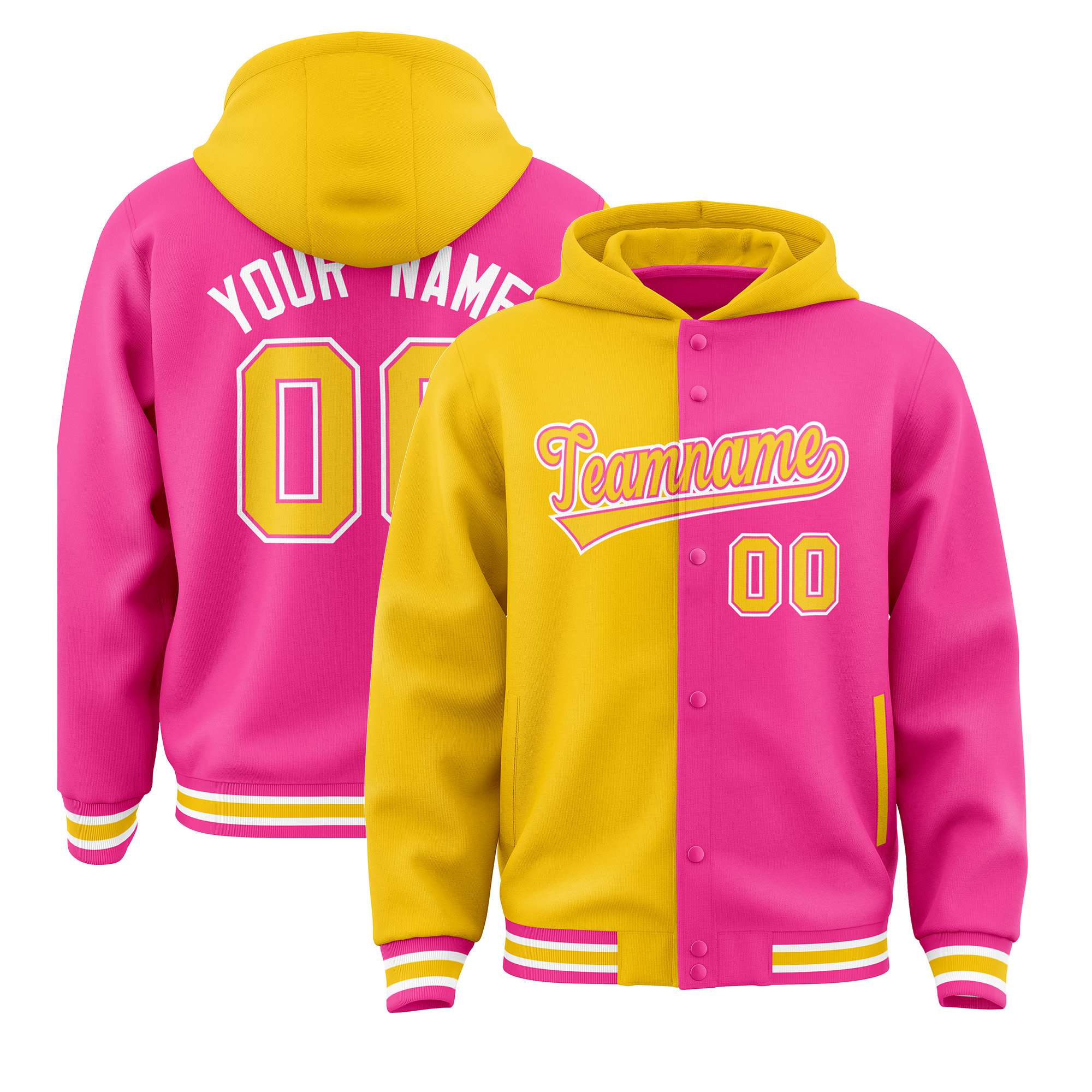 Custom Gold Pink Split Fashion Varsity Full-Snap Letterman Two Tone Hoodie Jacket