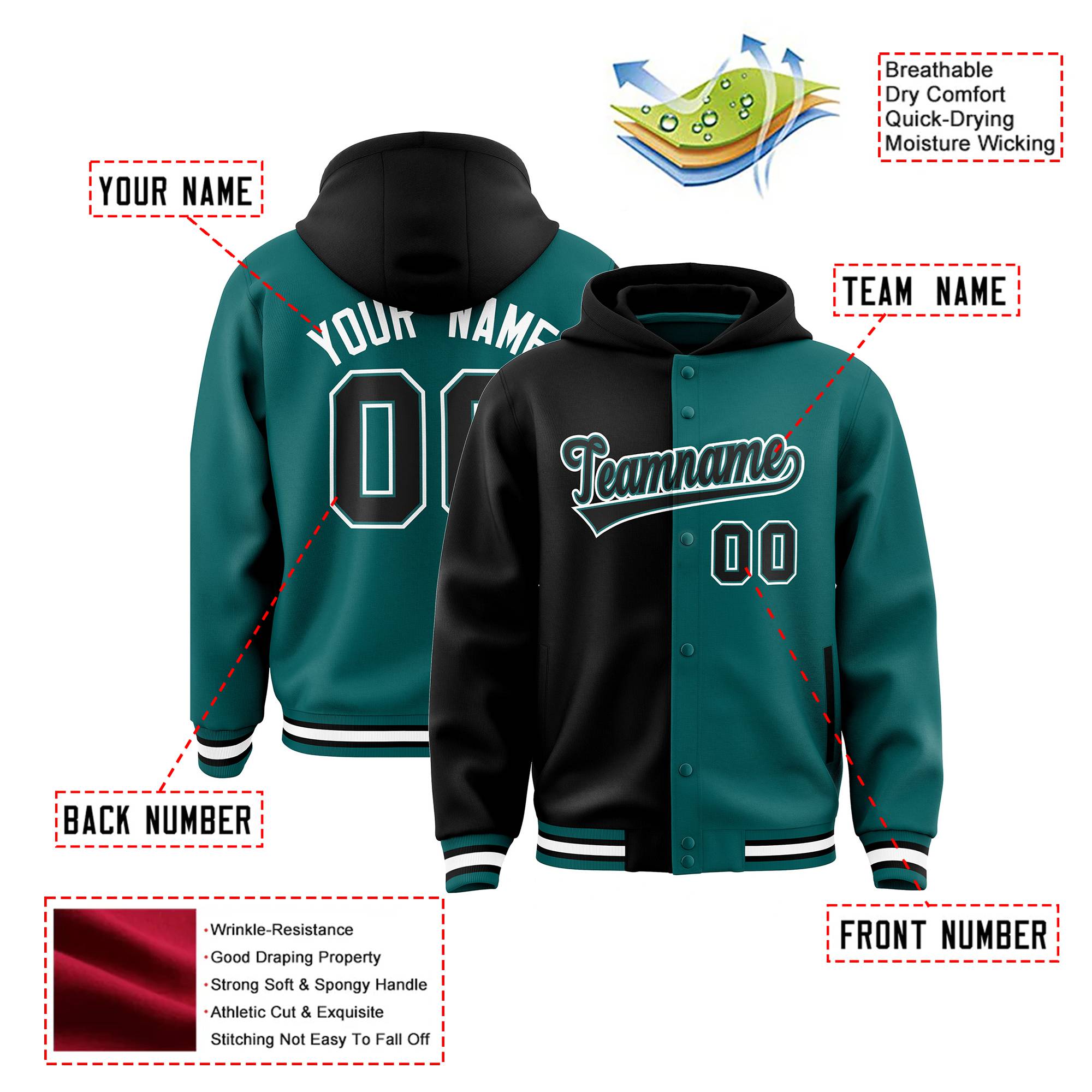 Custom Black Aqua Split Fashion Varsity Full-Snap Letterman Two Tone Hoodie Jacket