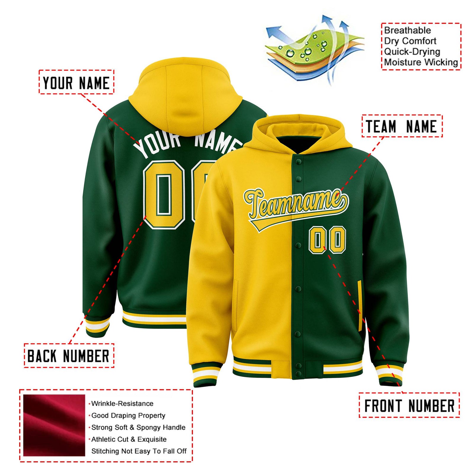 Custom Yellow Green Split Fashion Varsity Full-Snap Letterman Two Tone Hoodie Jacket