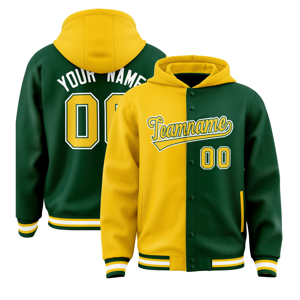 Custom Yellow Green Split Fashion Varsity Full-Snap Letterman Two Tone Hoodie Jacket