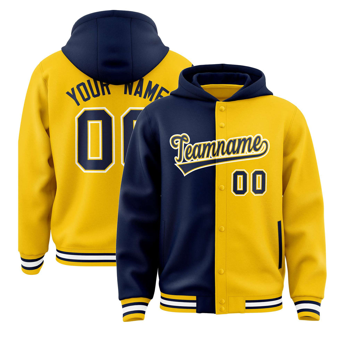 Custom Navy Yellow Split Fashion Varsity Full-Snap Letterman Two Tone Hoodie Jacket