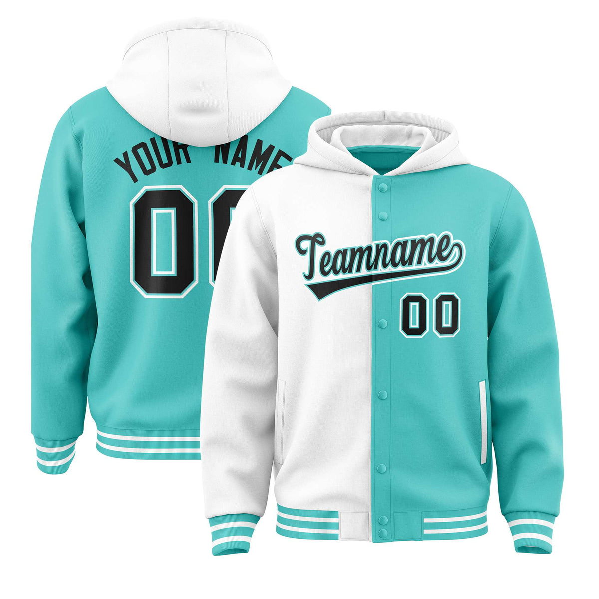 Custom White Aqua Split Fashion Varsity Full-Snap Letterman Two Tone Hoodie Jacket