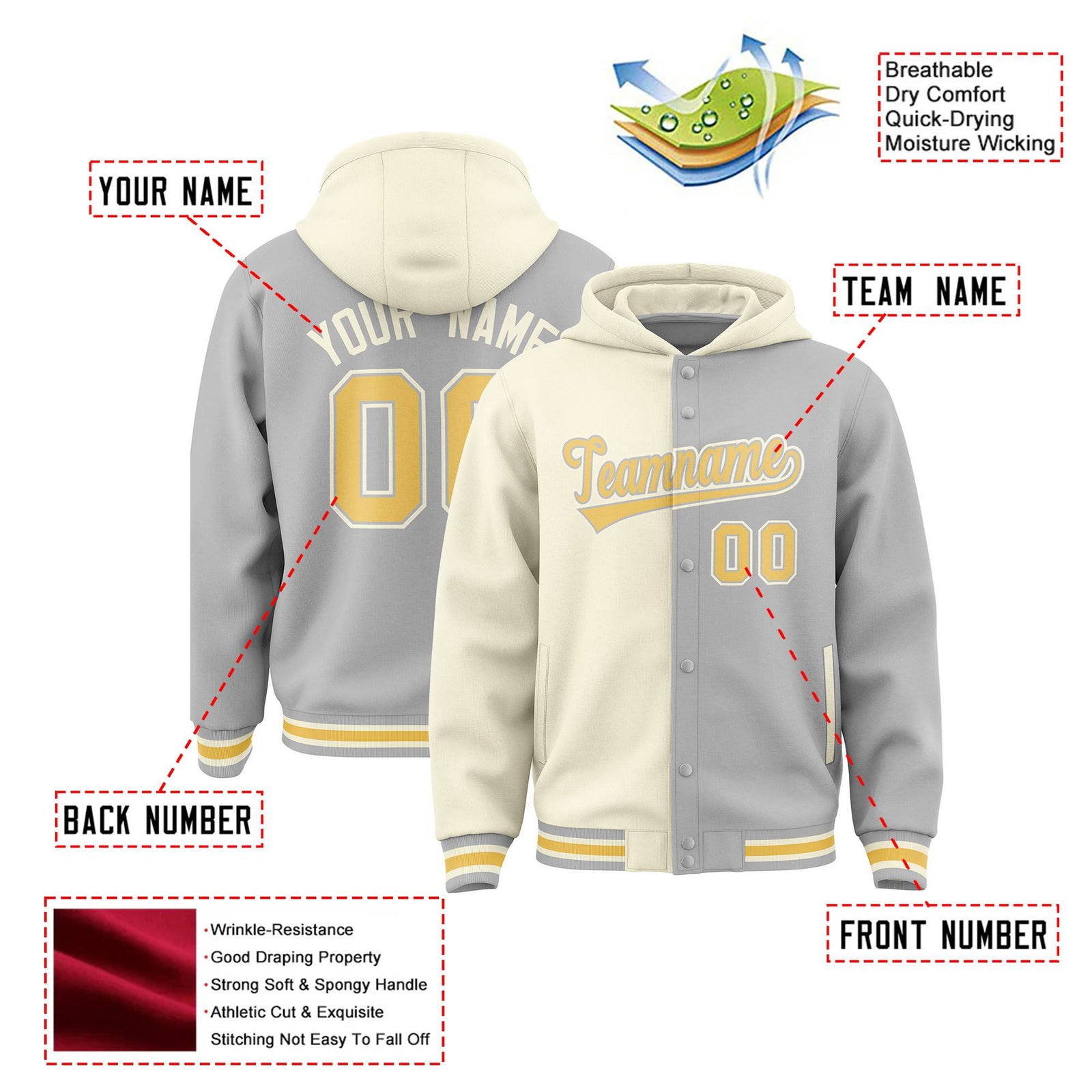 Custom Cream Gray Split Fashion Varsity Full-Snap Letterman Two Tone Hoodie Jacket