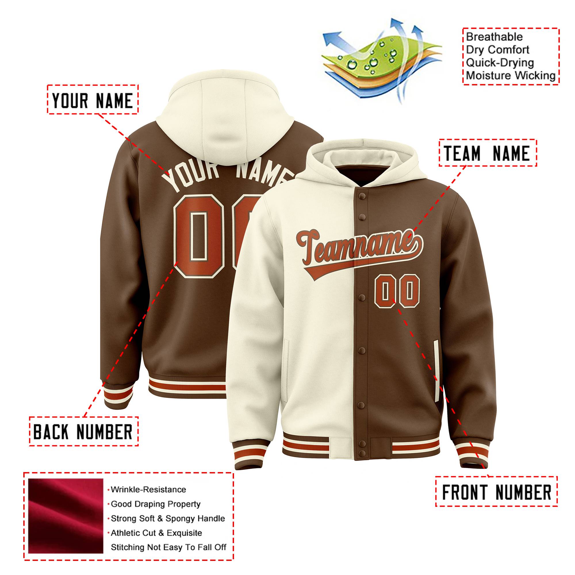 Custom Cream Brown Split Fashion Varsity Full-Snap Letterman Two Tone Hoodie Jacket