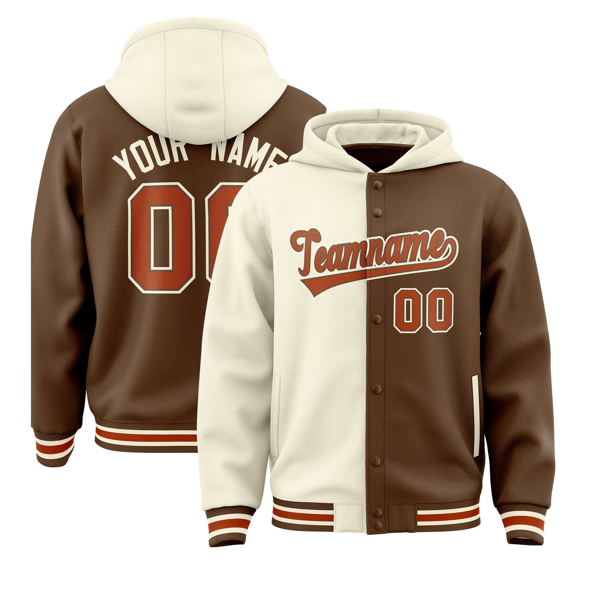 Custom Cream Brown Split Fashion Varsity Full-Snap Letterman Two Tone Hoodie Jacket