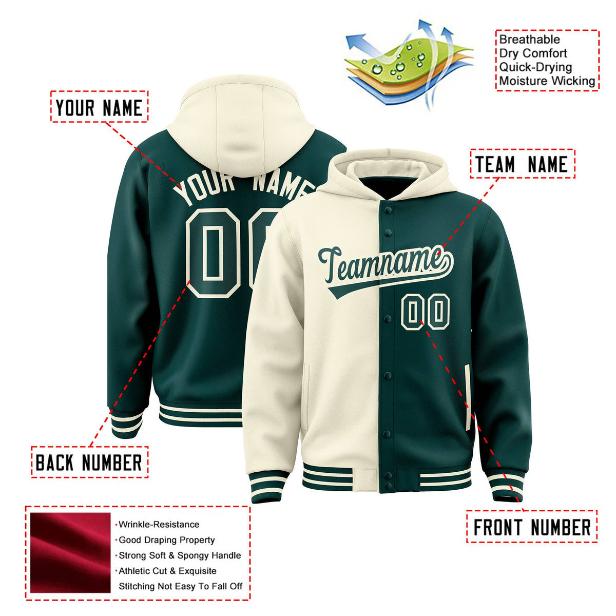 Custom Cream Midnight Green Split Fashion Varsity Full-Snap Letterman Two Tone Hoodie Jacket