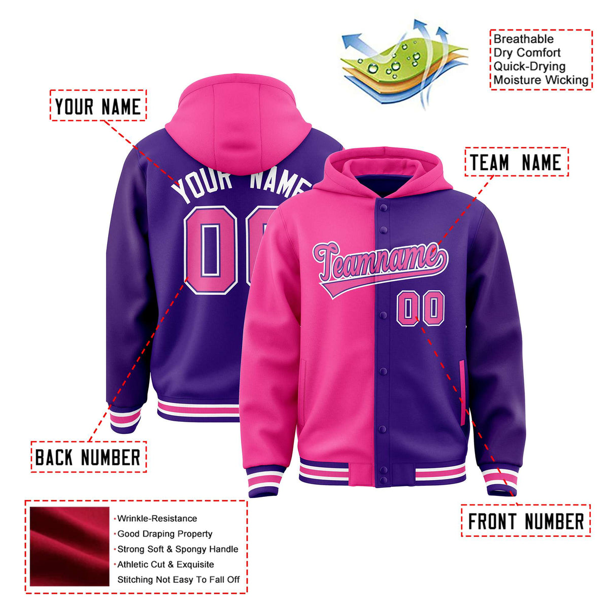Custom Pink Purple Split Fashion Varsity Full-Snap Letterman Two Tone Hoodie Jacket