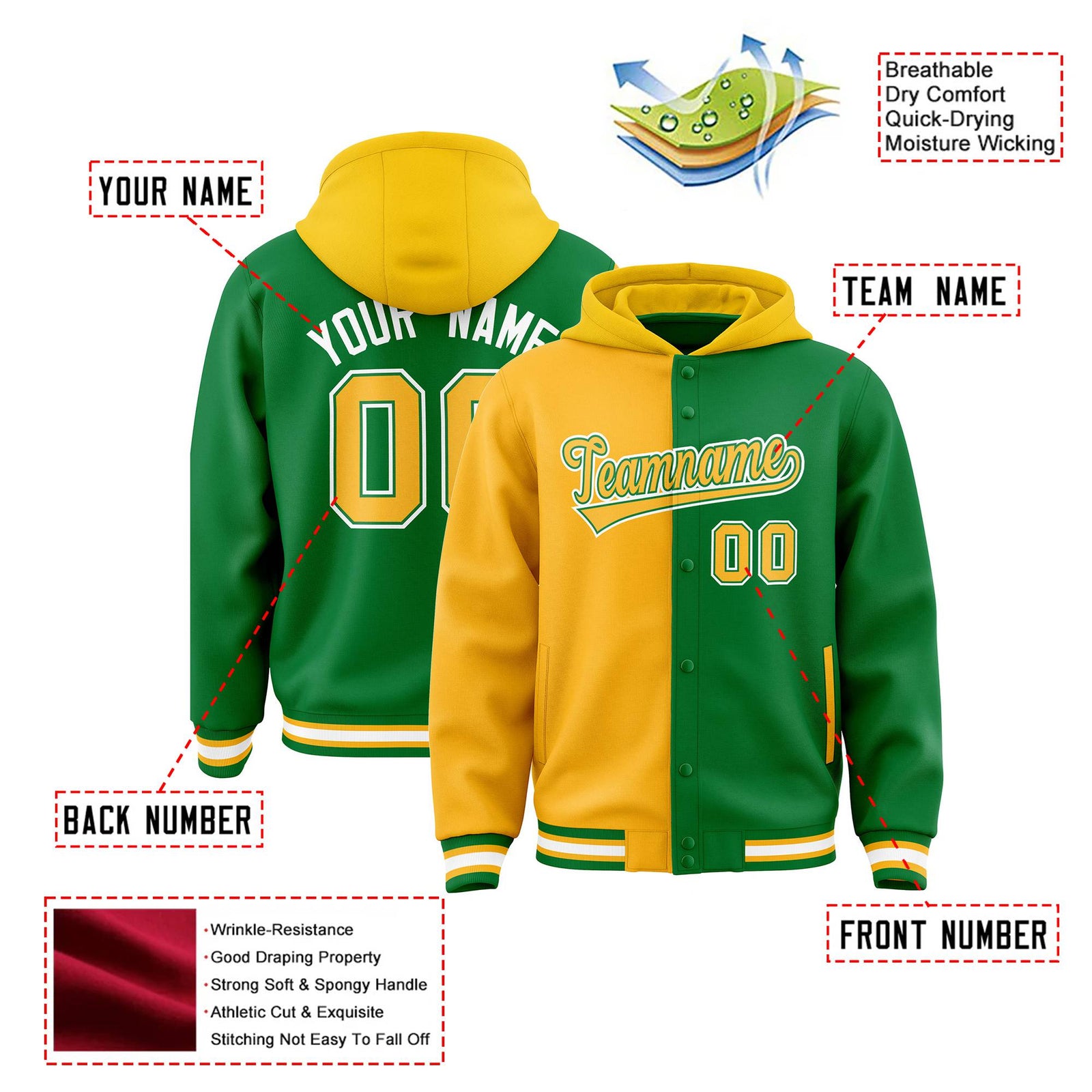 Custom Yellow Kelly Green Split Fashion Varsity Full-Snap Letterman Two Tone Hoodie Jacket