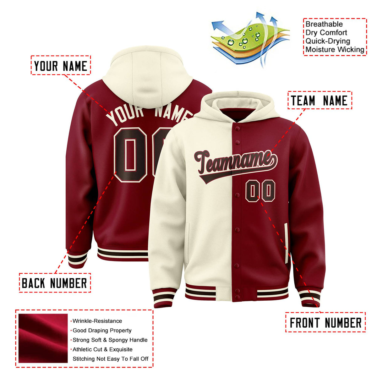Custom Cream Crimson Split Fashion Varsity Full-Snap Letterman Two Tone Hoodie Jacket