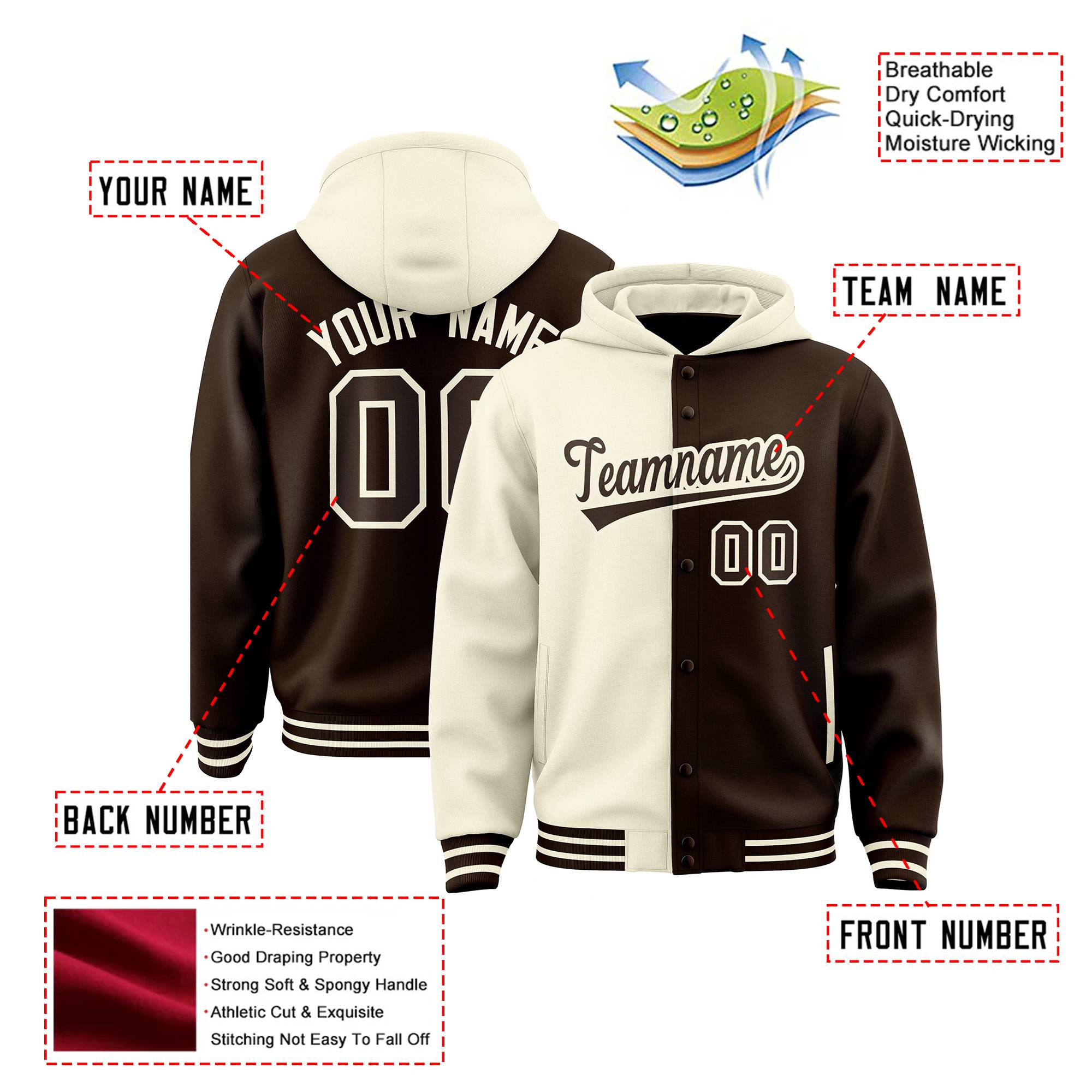 Custom Cream Brown Split Fashion Varsity Full-Snap Letterman Two Tone Hoodie Jacket