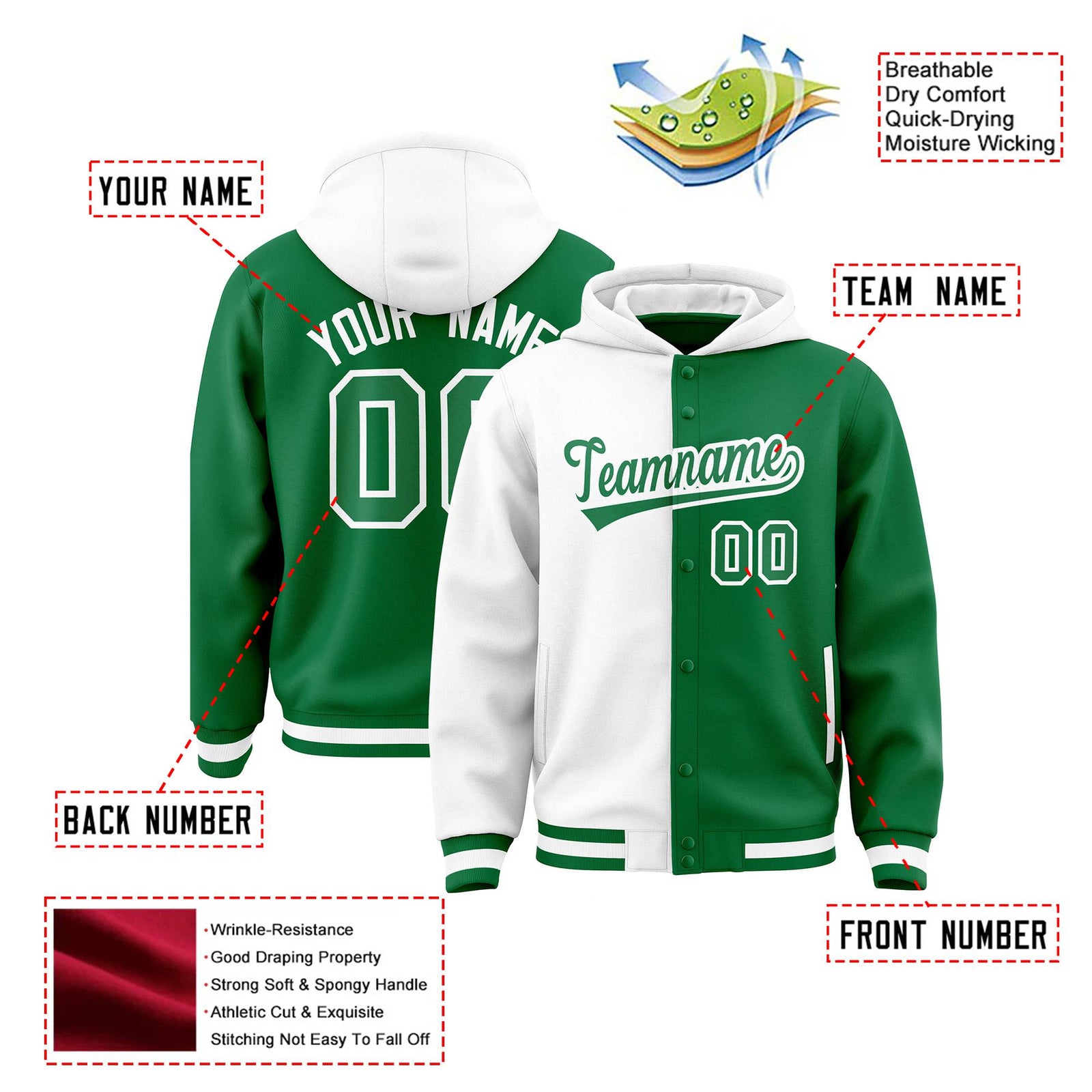 Custom White Kelly Green Split Fashion Varsity Full-Snap Letterman Two Tone Hoodie Jacket