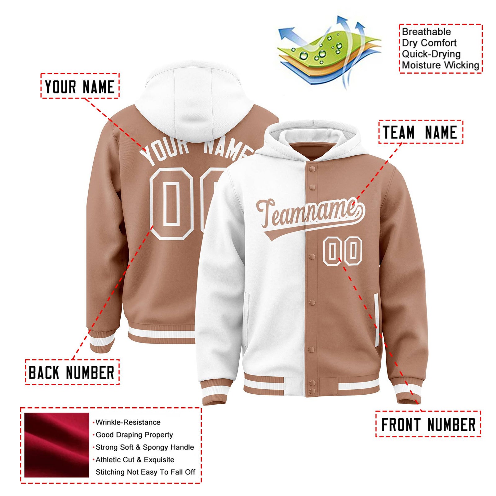 Custom White Light Brown Split Fashion Varsity Full-Snap Letterman Two Tone Hoodie Jacket