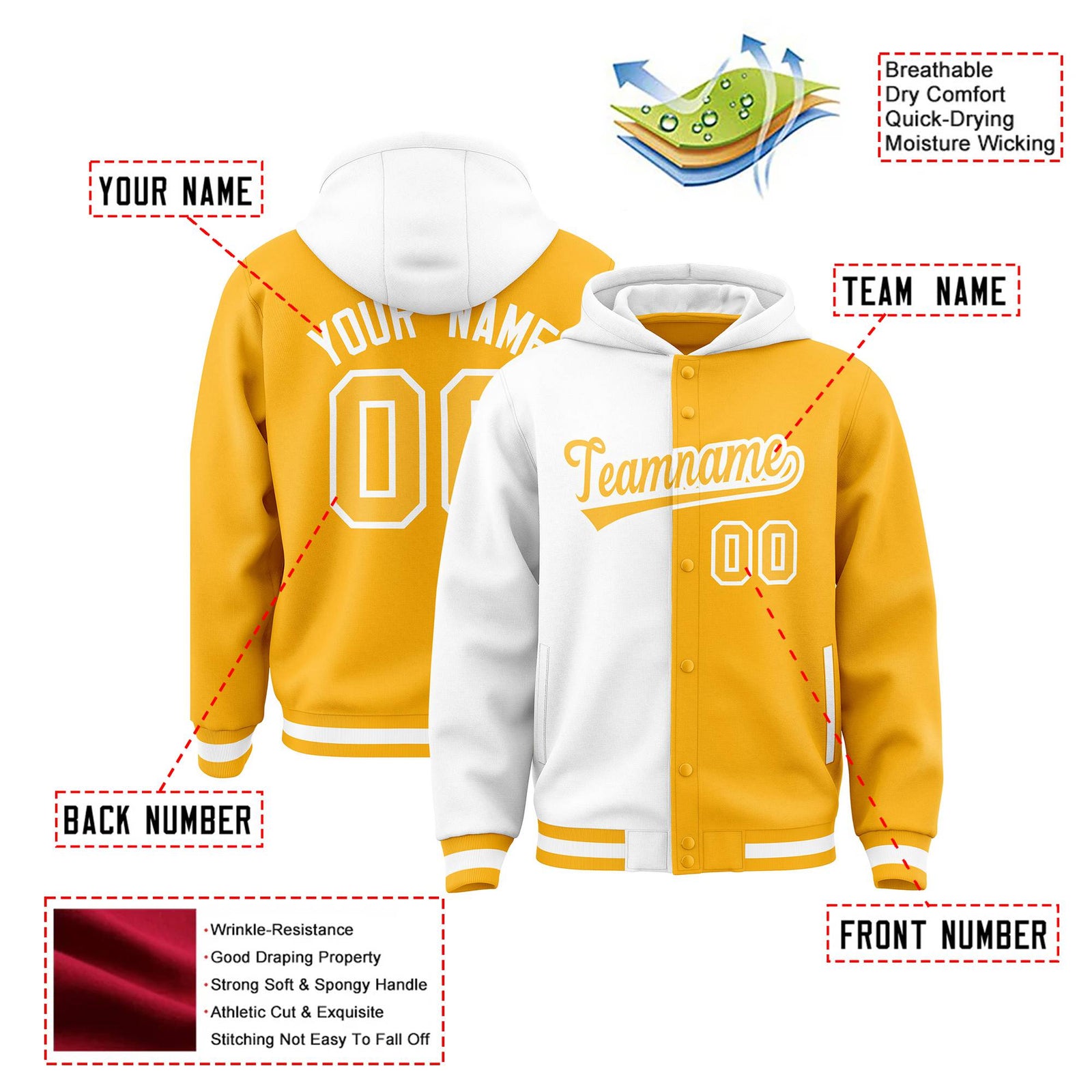 Custom White Yellow Split Fashion Varsity Full-Snap Letterman Two Tone Hoodie Jacket