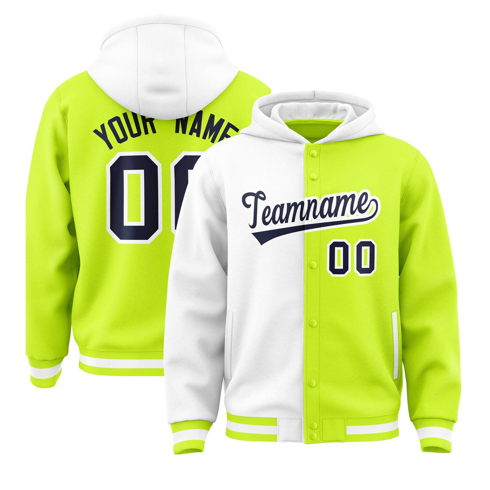 Custom White Fluorescent Green Split Fashion Varsity Full-Snap Letterman Two Tone Hoodie Jacket
