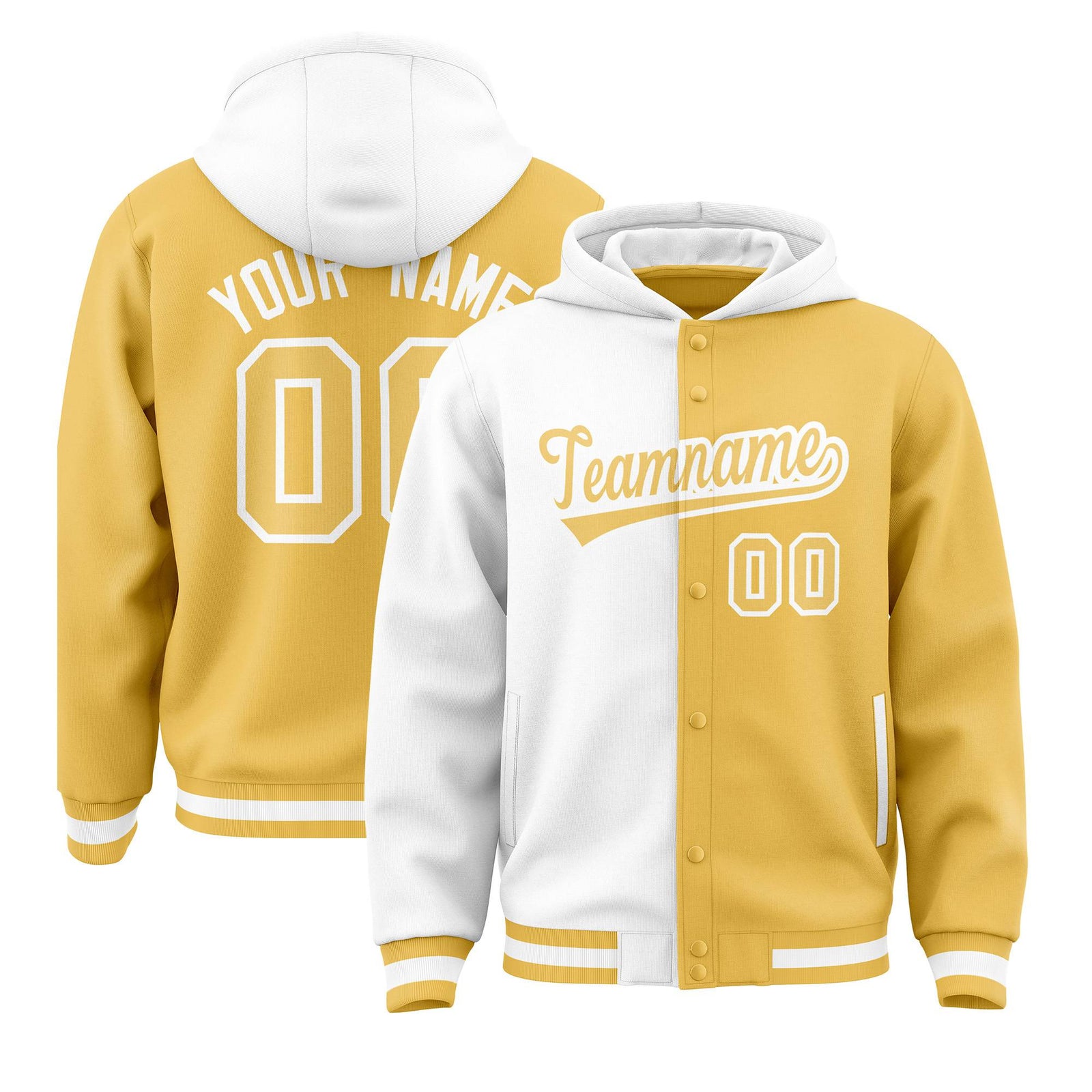 Custom White Old Gold Split Fashion Varsity Full-Snap Letterman Two Tone Hoodie Jacket
