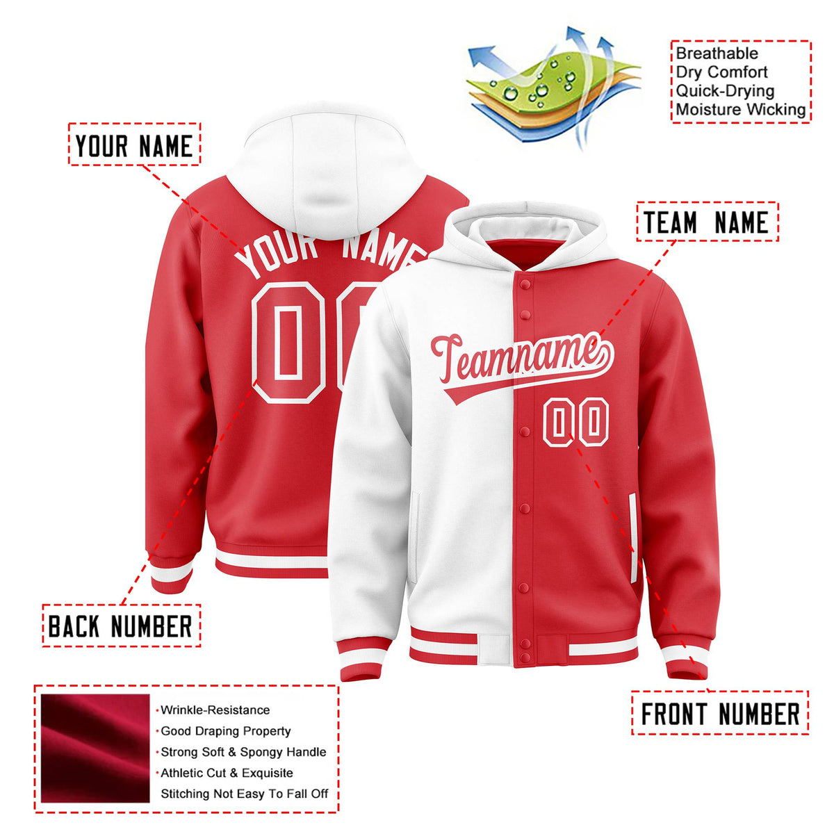 Custom White Red Split Fashion Varsity Full-Snap Letterman Two Tone Hoodie Jacket