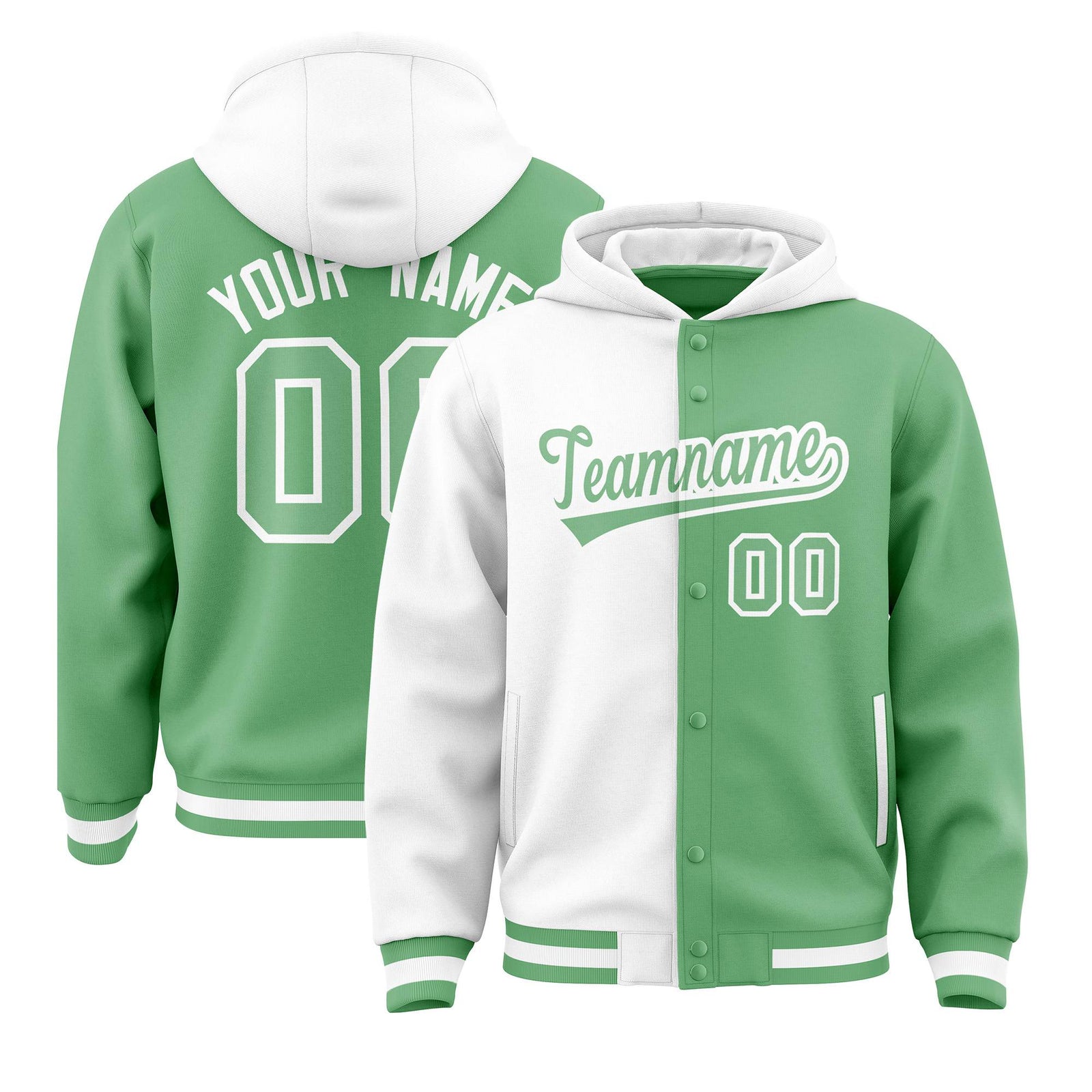 Custom White Bright Green Split Fashion Varsity Full-Snap Letterman Two Tone Hoodie Jacket